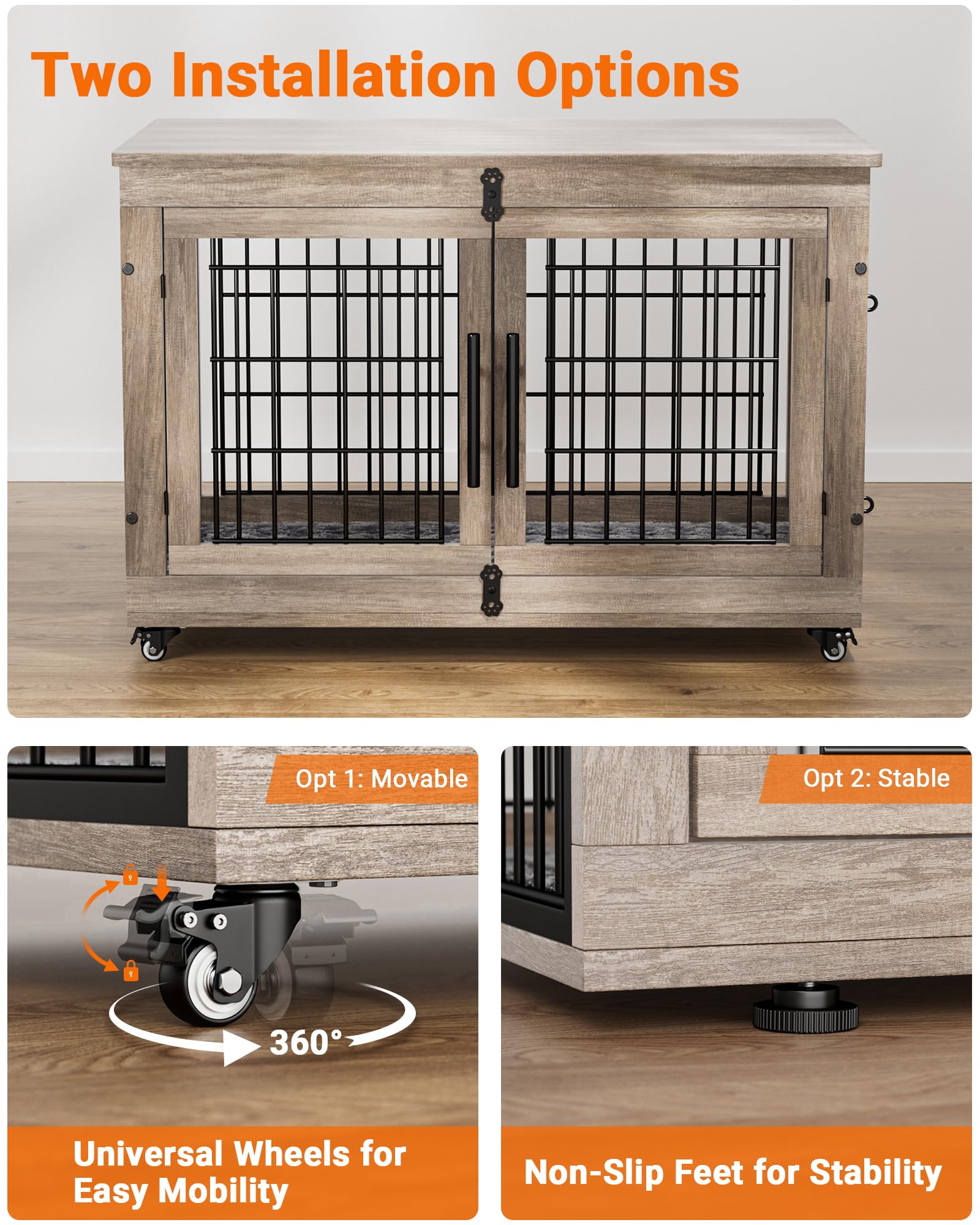 Premium Wooden Dog Crate Furniture with Cushion - Large Indoor Dog Kennel with Double Doors & Wheels - 38.5
