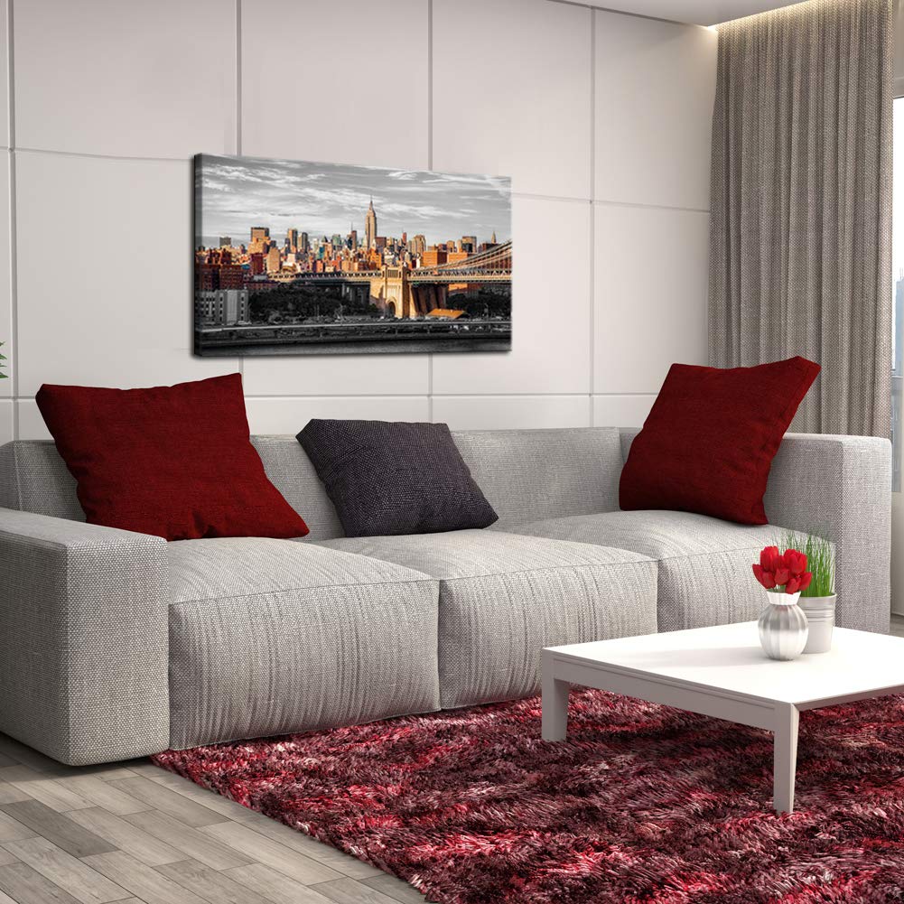 Modern NYC Canvas Art - Brooklyn Bridge Sunrise Painting for Home Decor | 20x36 Inch Wall Art