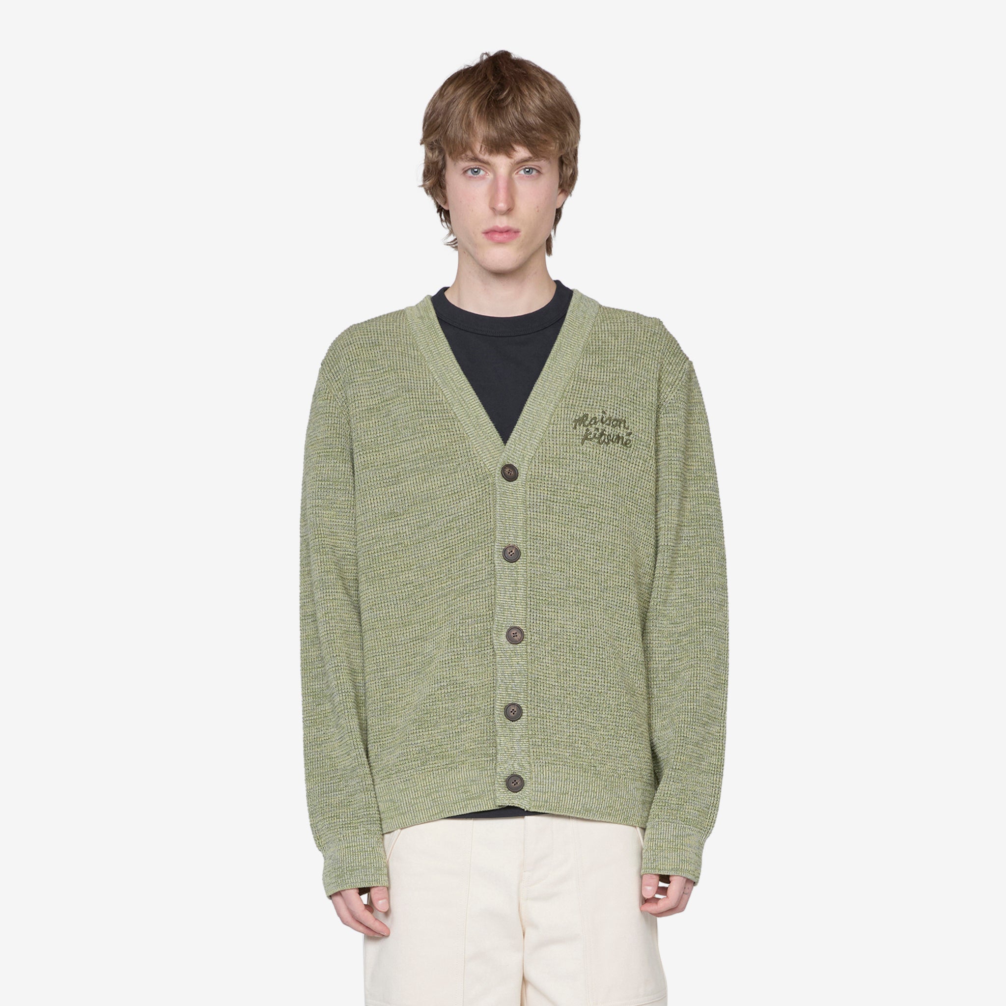 Maison Kitsuné Handwriting Comfort Cardigan - Soft Knit Sweater for Women in Khaki Green Melange - Perfect for Casual Outings and Cozy Evenings