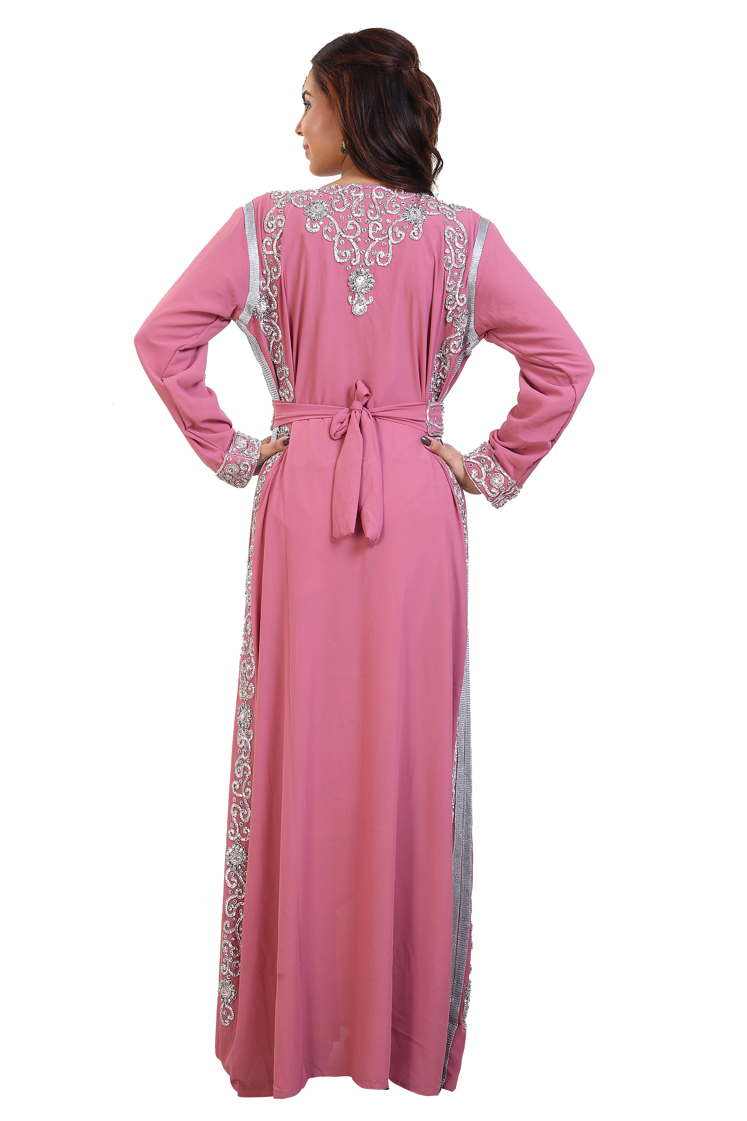 Embroidered Maxi Dress with Crystal Stones Beaded Dubai Kaftan - Elegant Long Evening Gown for Women, Perfect for Weddings, Parties & Special Occasions