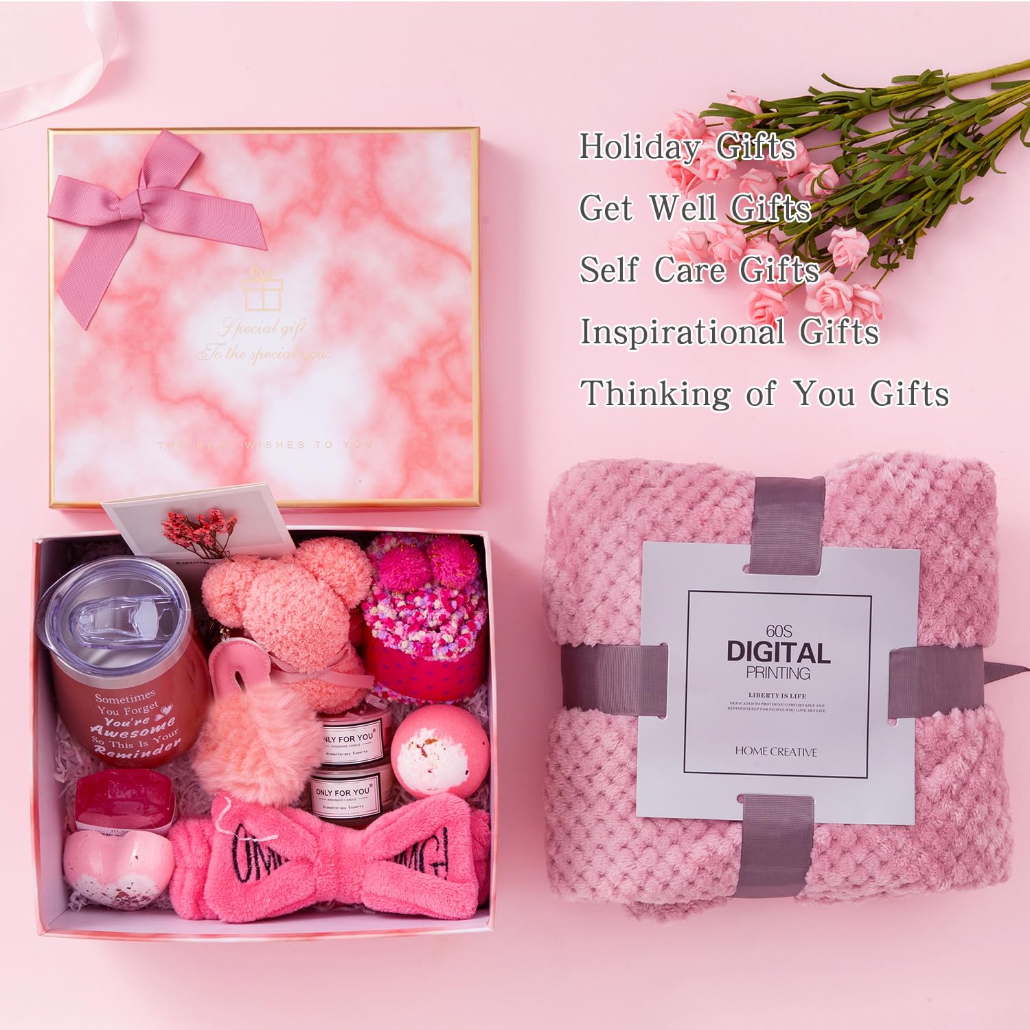 Pink Self Care Gift Box for Women - Relaxing Spa Set, Birthday & Get Well Soon Presents, Unique Friendship Gifts Basket | Perfect for Birthdays, Recovery, Stress Relief & Female Bonding