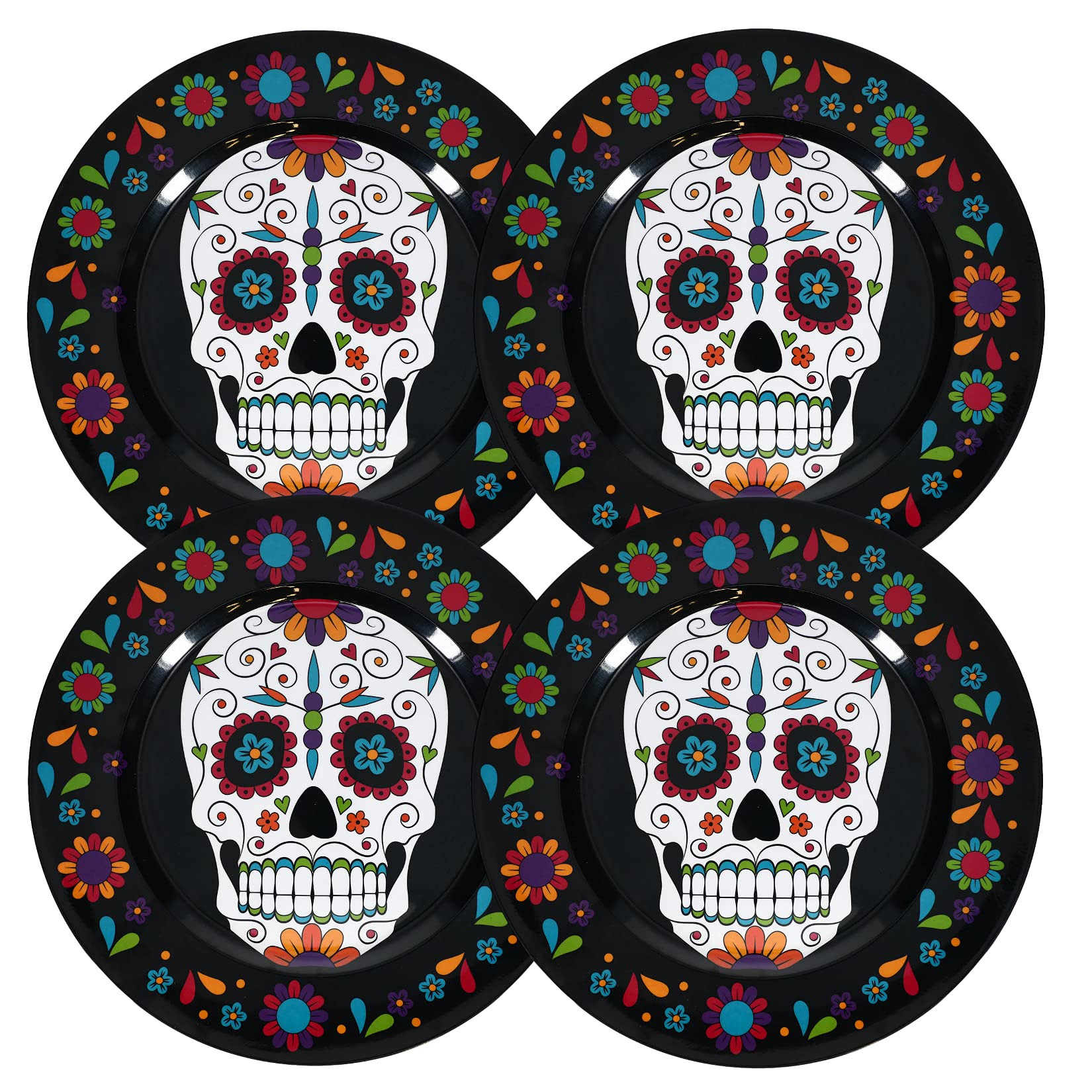 Day of the Dead Sugar Skull Black Charger Plates - Set of 4 for Halloween & Dia de los Muertos Decor - Perfect for Dinner Parties, Themed Events, and Home Decor