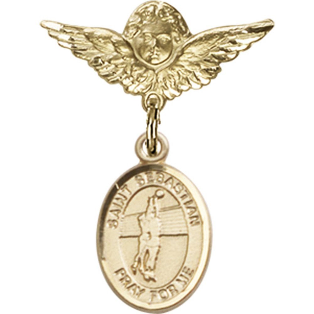 Gold Filled Baby Badge with St. Sebastian & Volleyball Charm - Angel Wing Pin (1