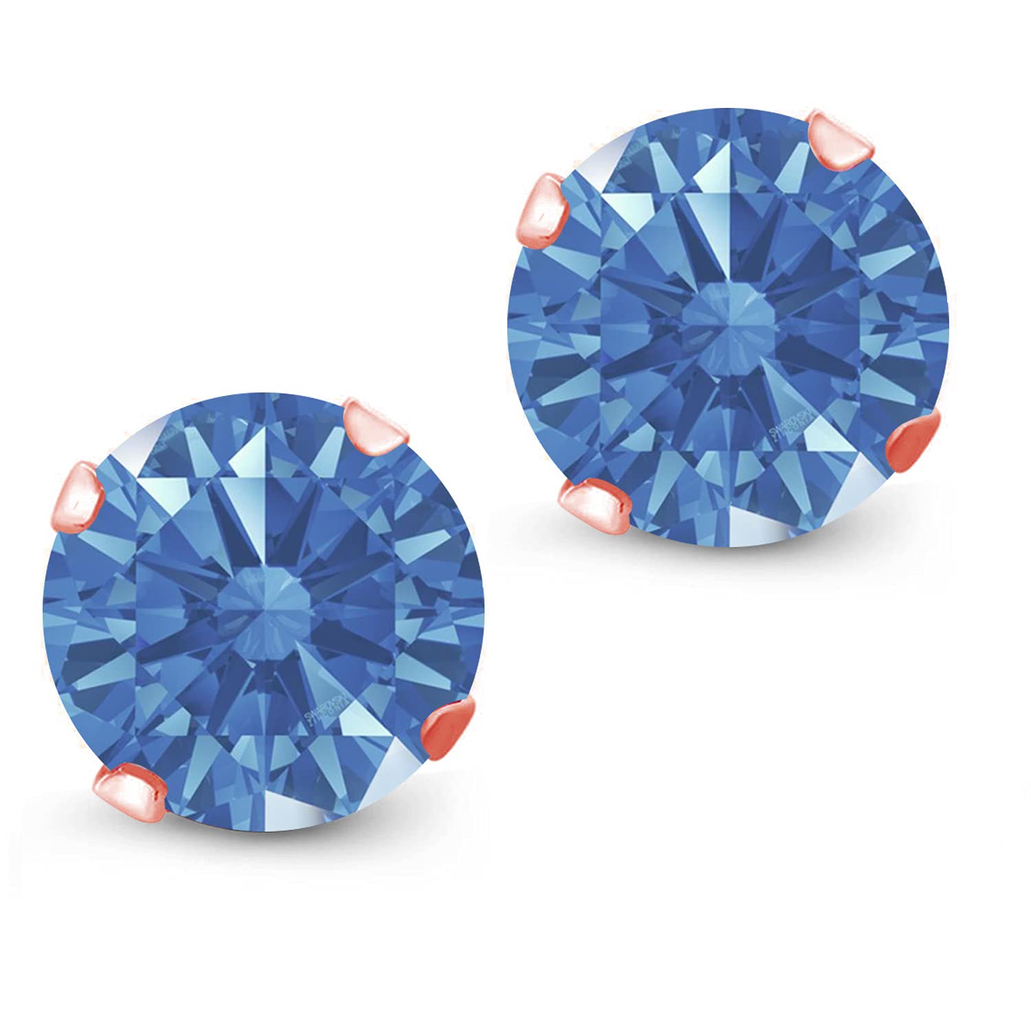 18K Rose Gold Plated Silver Stud Earrings with Round Blue Zirconia - Gem Stone King Jewelry for Women & Men | Perfect for Weddings, Parties & Everyday Wear