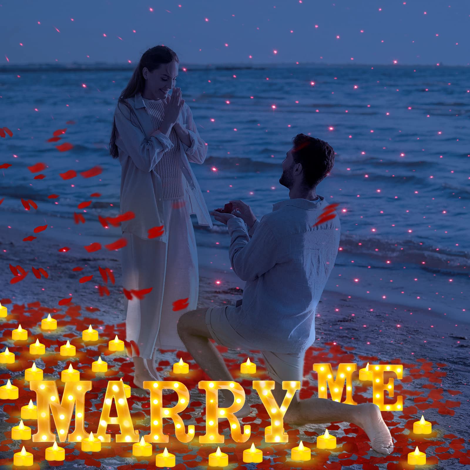 Romantic LED Light Up 'Marry Me' Sign with Rose Petals & 24 LED Candles - Proposal Decorations for Engagement, Wedding, Anniversary & Outdoor Events (Red) - Perfect for Surprise Proposals, Valentine's Day & Romantic Nights