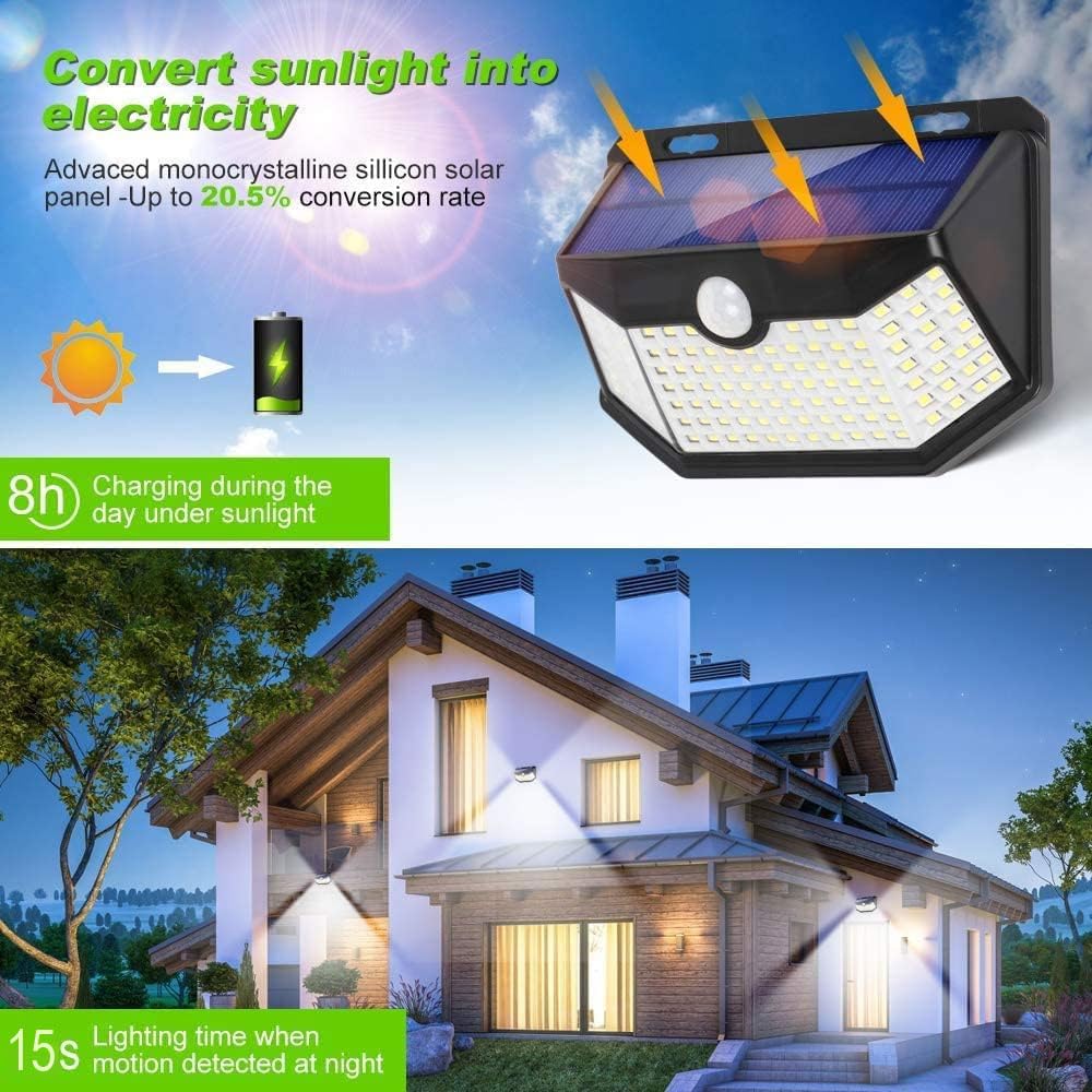 HMCITY 120 LED Solar Lights Outdoor with Motion Sensor, 3 Lighting Modes & IP65 Waterproof - Solar Powered Wall Lights for Garden, Patio, Yard, Pathway (2 Pack) - Perfect for Nighttime Security & Landscape Lighting