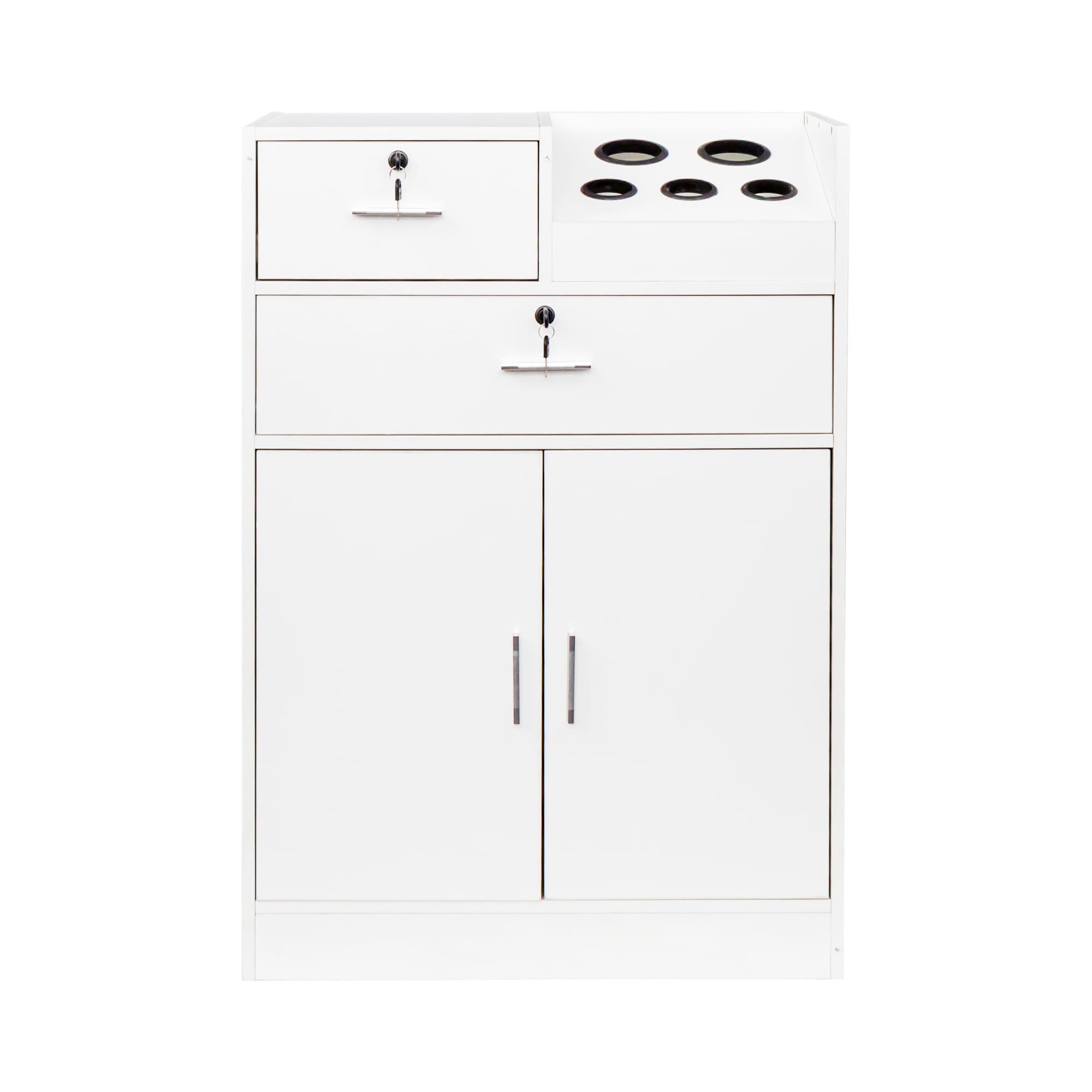 Salon Storage Cabinet with Hair Dryer Holder - 2 Drawers & 1 Cabinet for Salon, Barber & Home Use - White