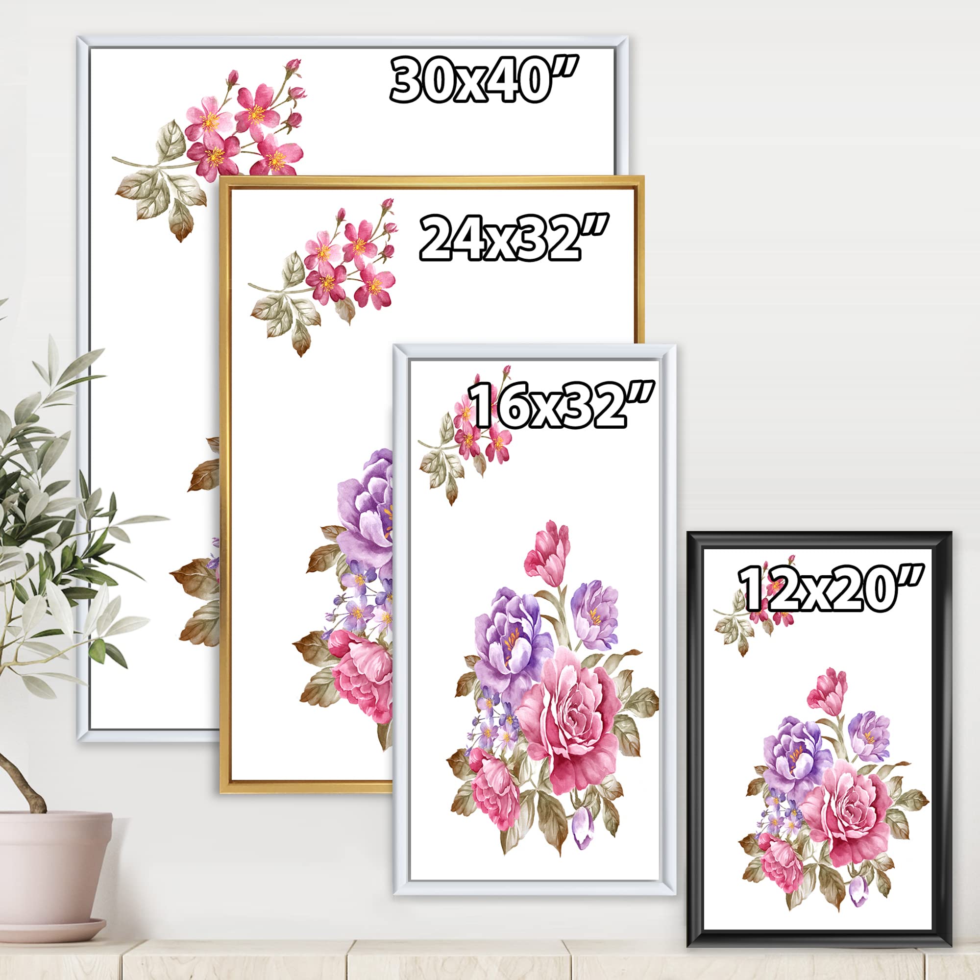 Pink and Purple Floral Bouquet Farmhouse Framed Canvas Wall Art - Elegant Home Decor for Living Room, Bedroom & Office