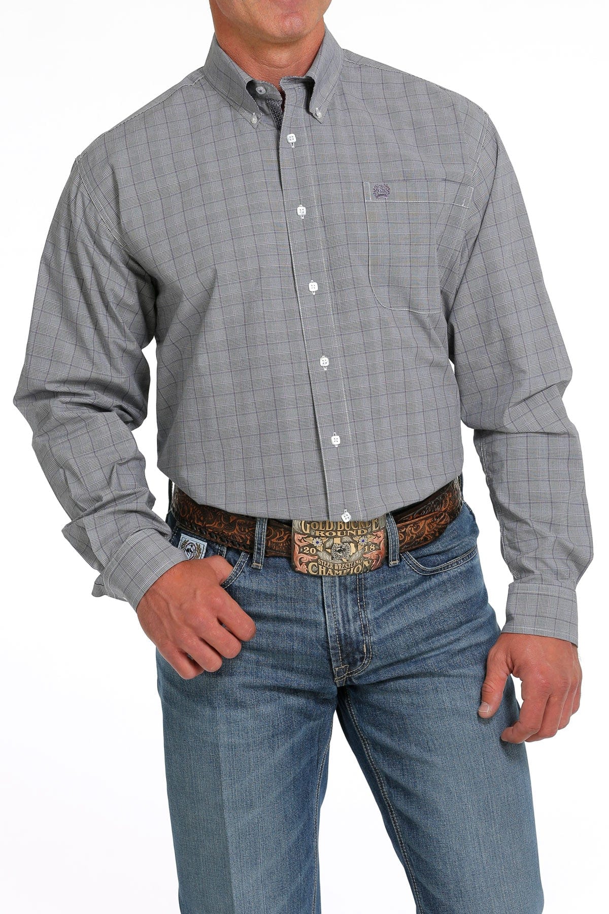 Men's Long Sleeve Cinch Plaid Shirt in Grey/Lilac - Perfect for Casual Wear, Outdoor Adventures & Layered Fall Outfits