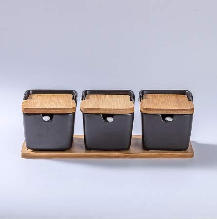 Creative Black Ceramic Spice Jars with Bamboo Lid - 4oz Salt & Seasoning Storage Containers for Kitchen Countertop, Pantry Organizer - Perfect for Cooking, Baking & Spice Display (Style 2)