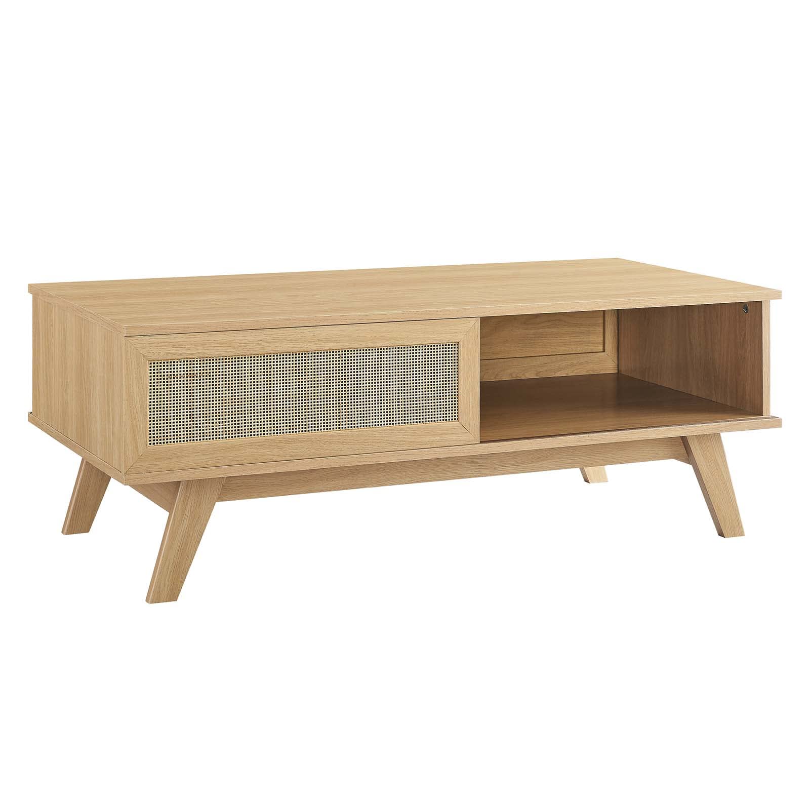 Modway Soma Modern Rattan Coffee Table - 43 Inch Oak Wood Round Accent Table for Living Room, Patio & Outdoor Decor