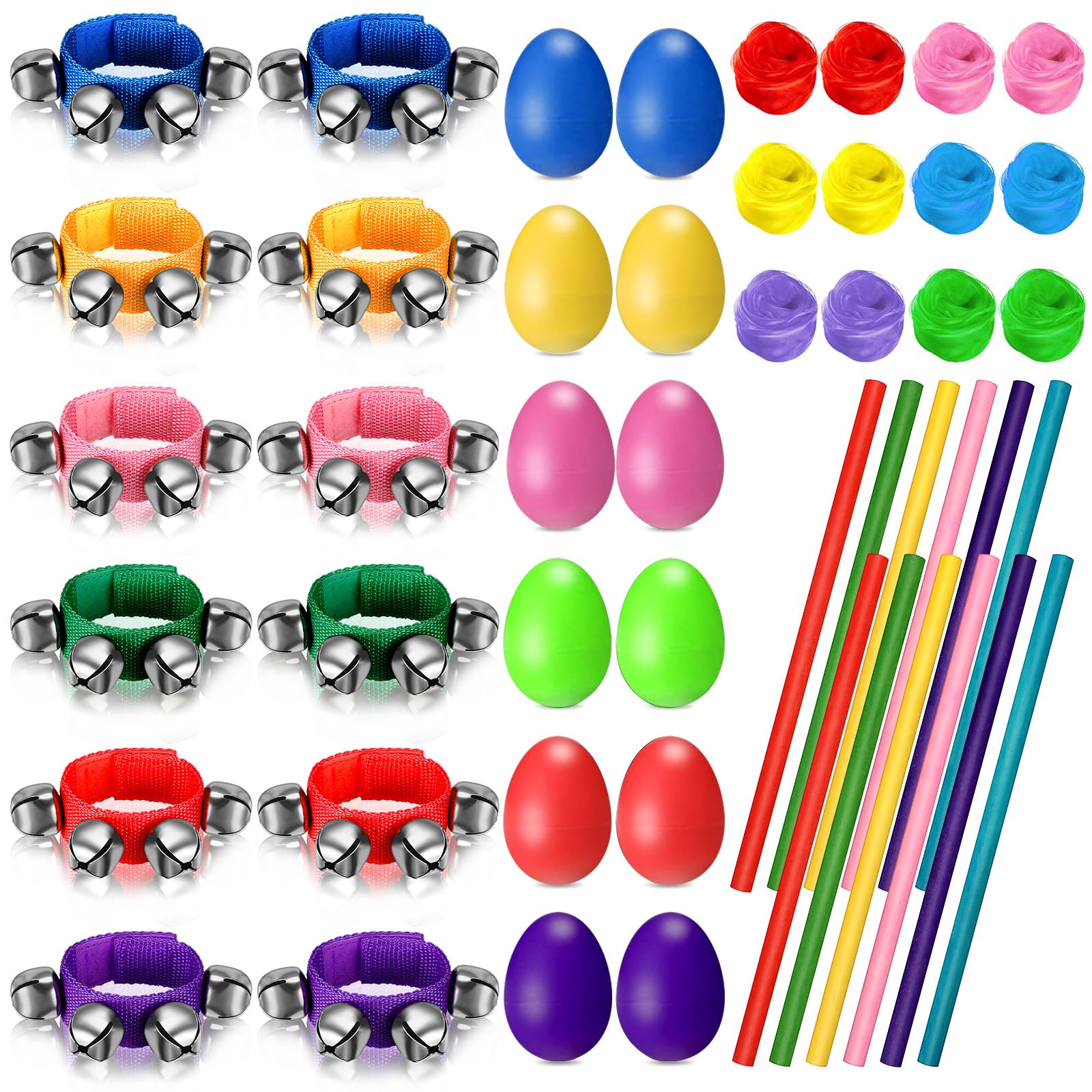 48-Piece Musical Instrument Set for Kids - Egg Shakers, Jingle Bells, Scarves & Rhythm Sticks - Perfect for Classroom, Birthday Parties & Music Learning