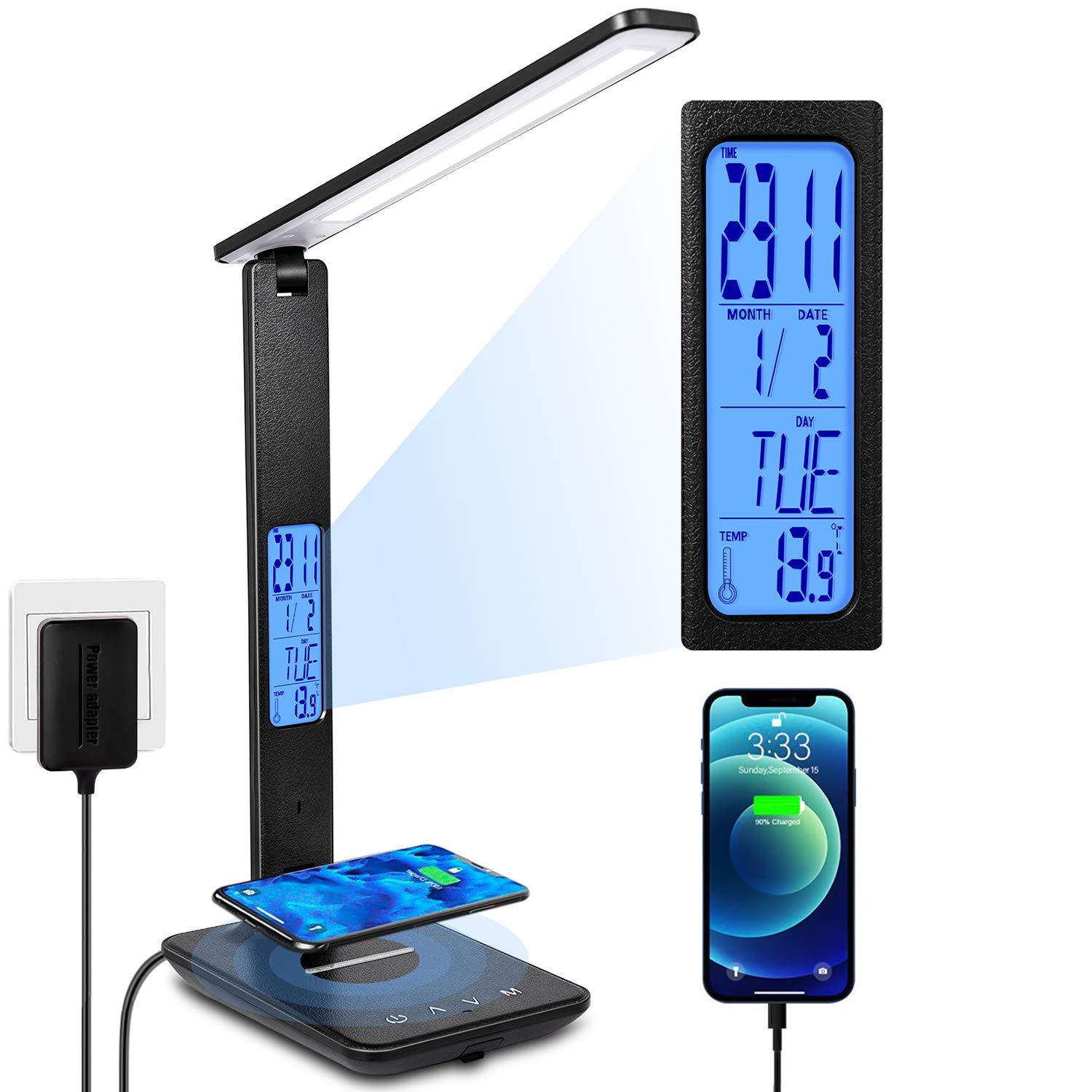 Wireless Charging LED Desk Lamp with USB Port, Dimmable, Built-in Clock, Calendar & Thermometer - Perfect for Home Office, Study & Reading with Auto Timer