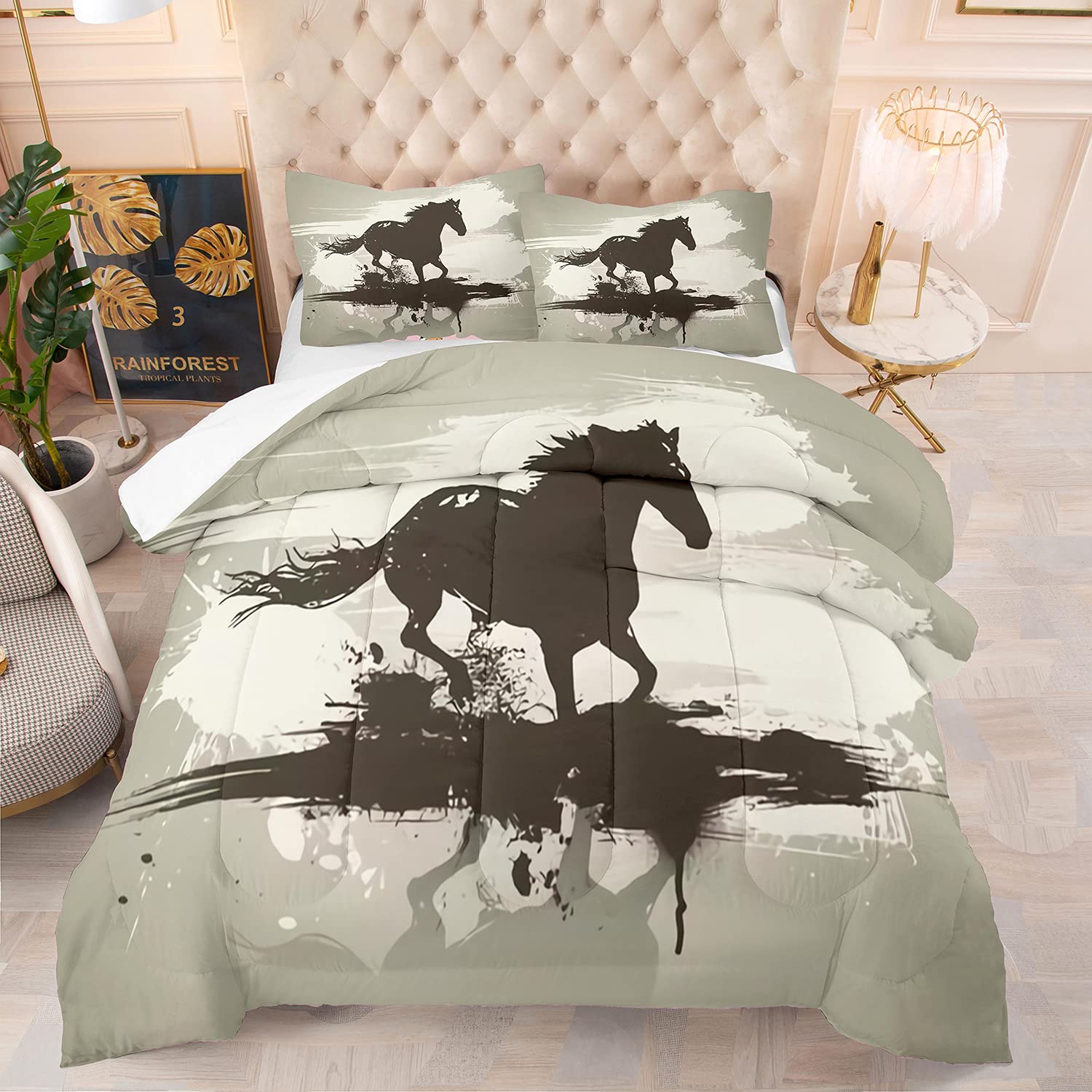 Galloping Horse Comforter Set Twin Size 2 Piece - Wild Animal Print Bedding Set with 1 Comforter & 1 Pillow Sham - Soft & Cozy for Kids Room, Dorm, or Guest Bedroom Decor