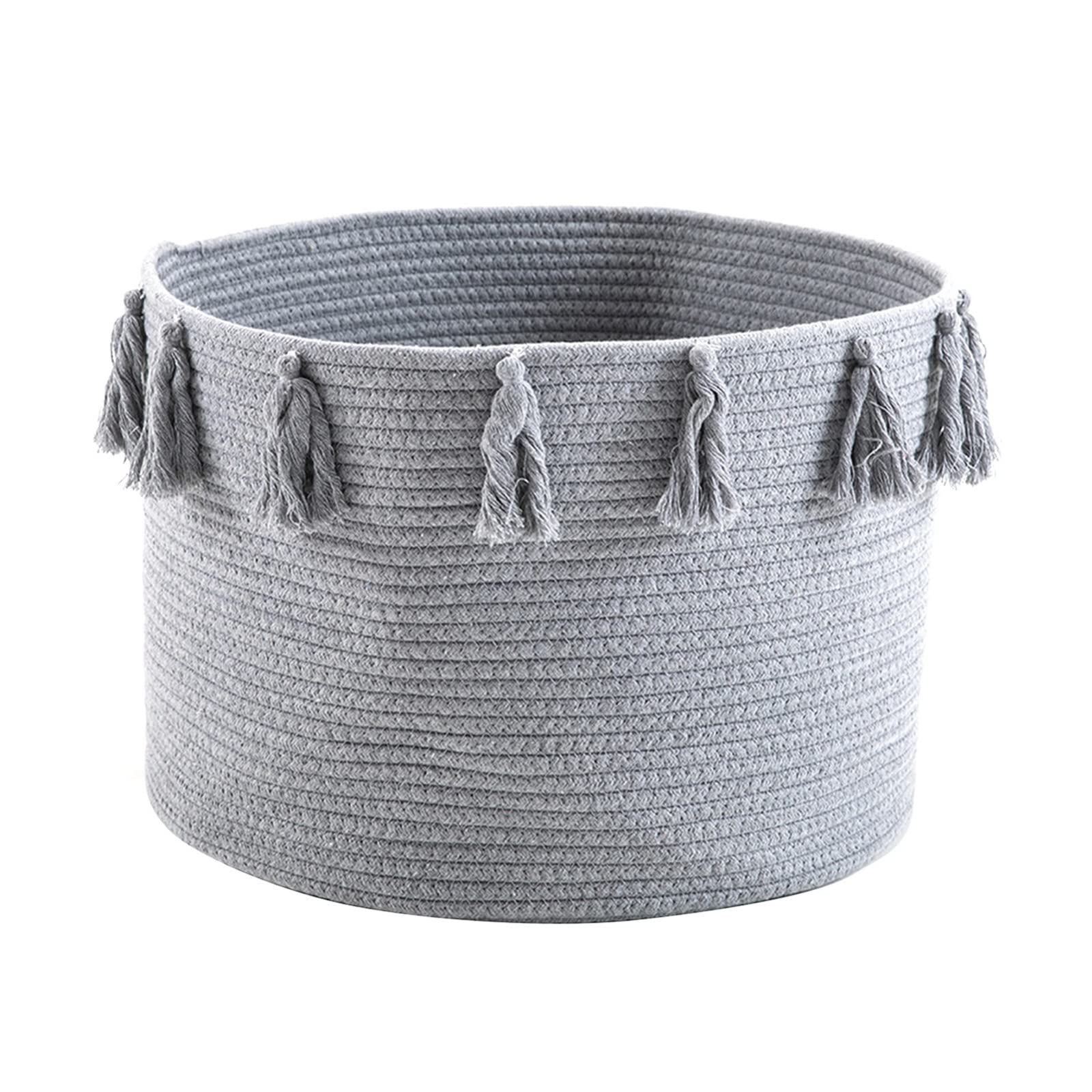 YUHEAN Large Foldable Woven Rope Storage Basket - Round Cotton Laundry Hamper with Tassel for Nursery, Toys & Clothes Organization (Gray) - Perfect for Bedroom, Bathroom & Kids Room Storage