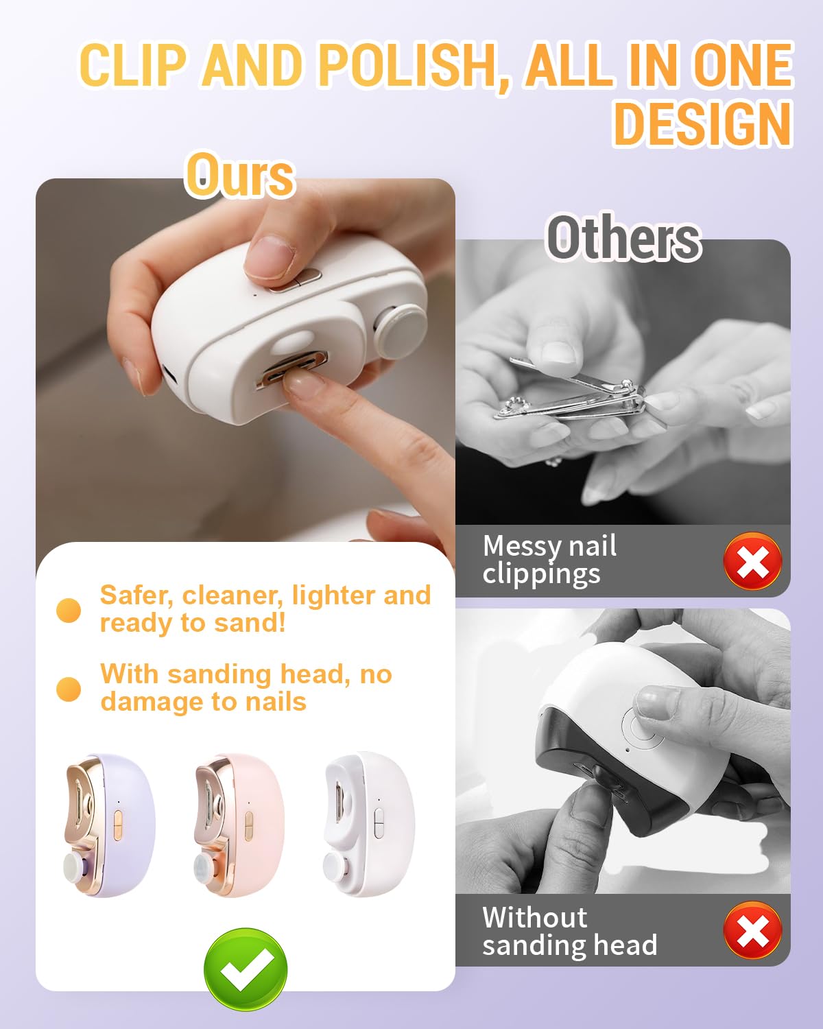 3 in 1 Automatic Electric Nail Clipper with Polishing & Light - 2025 Upgraded 2-Speed Adjustable Toe & Finger Nail Trimmer for Baby, Adult & Seniors - Perfect for Home, Travel & Pedicure (Purple)