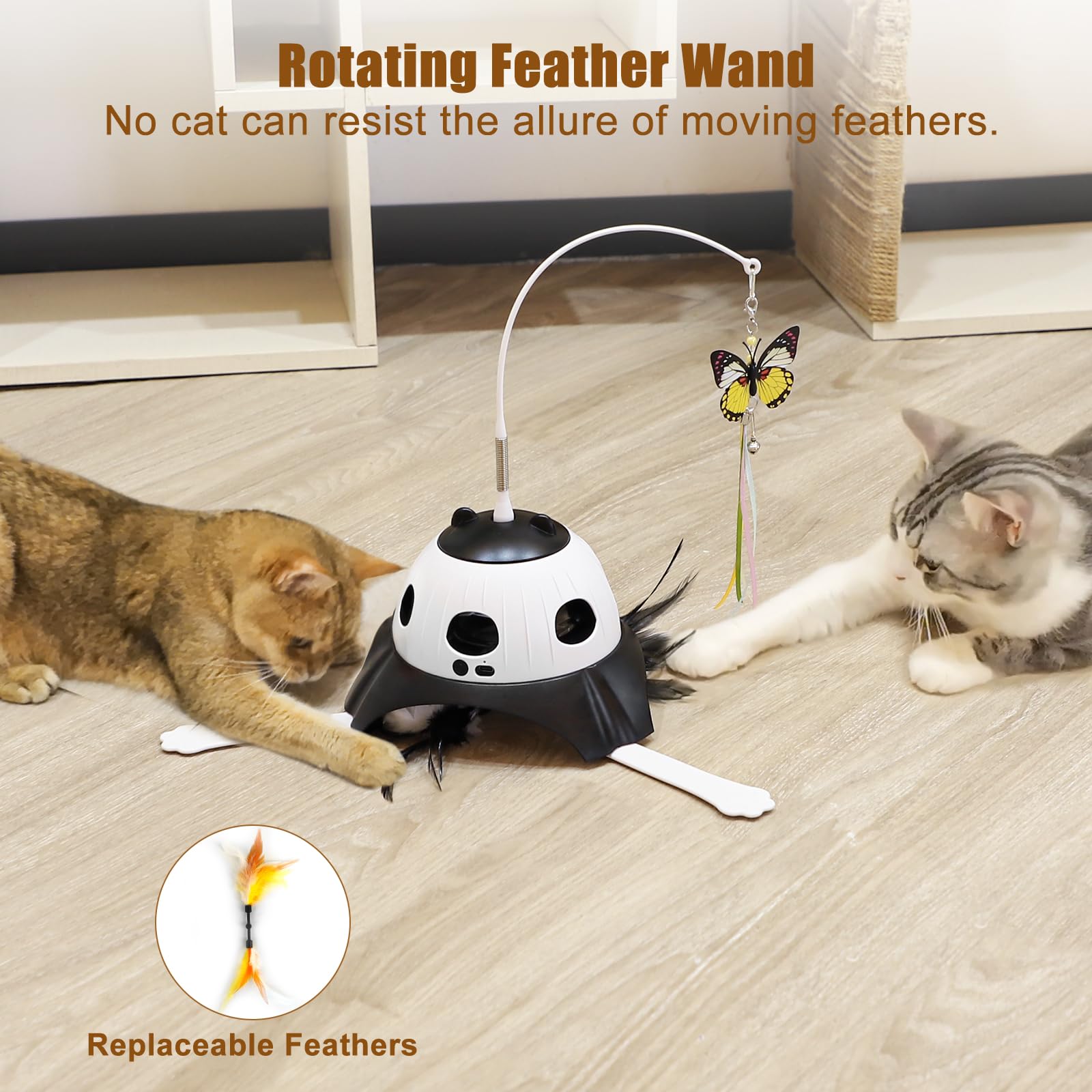 3-in-1 Automatic Cat Toy with Fluttering Butterfly, Whack-a-Mole & Rotating Feather Wand - USB Rechargeable Interactive Cat Toys for Indoor Cats - Perfect for Multi-Cat Households & Playtime (Black)
