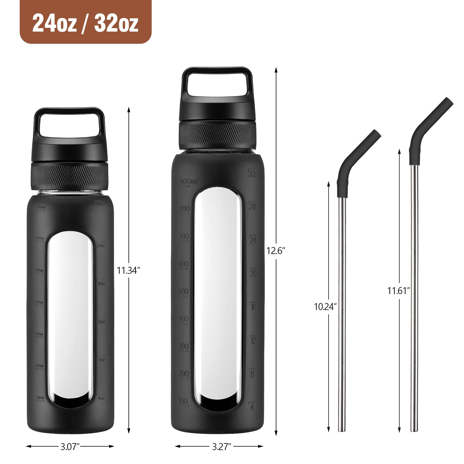 Kodrine 32 oz Glass Water Bottle with Straw & Silicone Sleeve - 1 Liter Clear Wide Mouth Bottle with Time Marker, Includes 2 Lids (Chug & Bamboo Straw) - Perfect for Gym, Hiking, Office & Travel Hydration