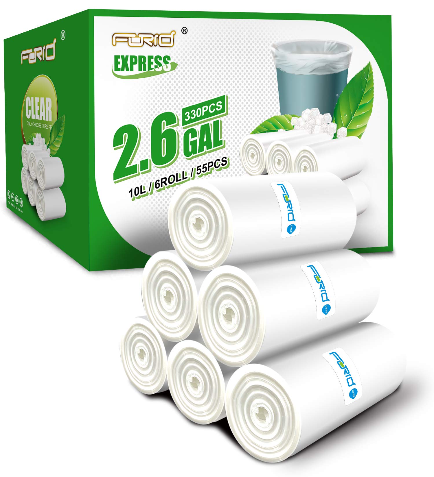 FORID 2.6 Gallon Small Clear Trash Bags - 330 Count Plastic Wastebasket Liners for Bathroom, Bedroom & Office (10L) - Perfect for Small Garbage Cans, Kitchen Waste Bins & Desk Side Trash Containers
