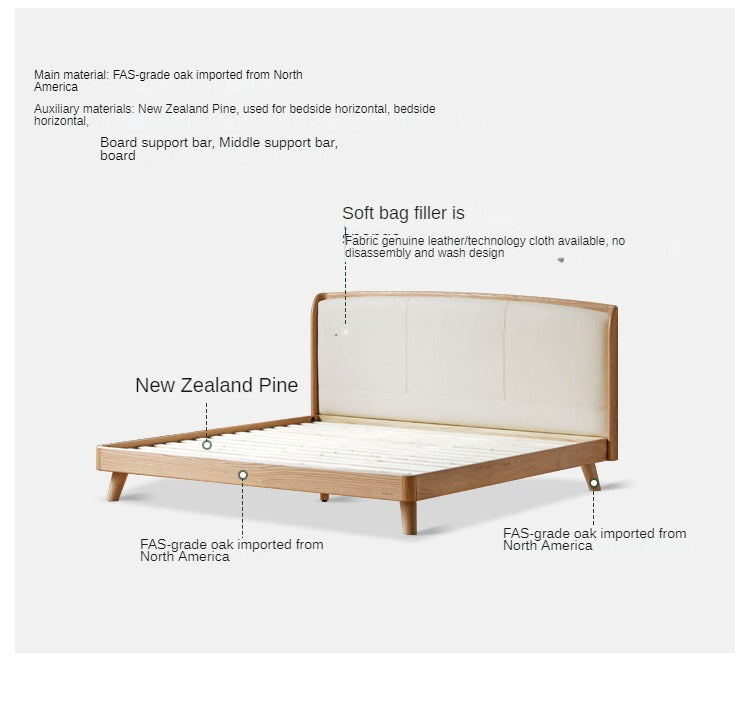 Premium Solid Oak Wood Bed Frame with Genuine Leather Headboard & Tech Fabric Upholstery - Modern Bedroom Furniture for Master Suite, Guest Room, or Apartment