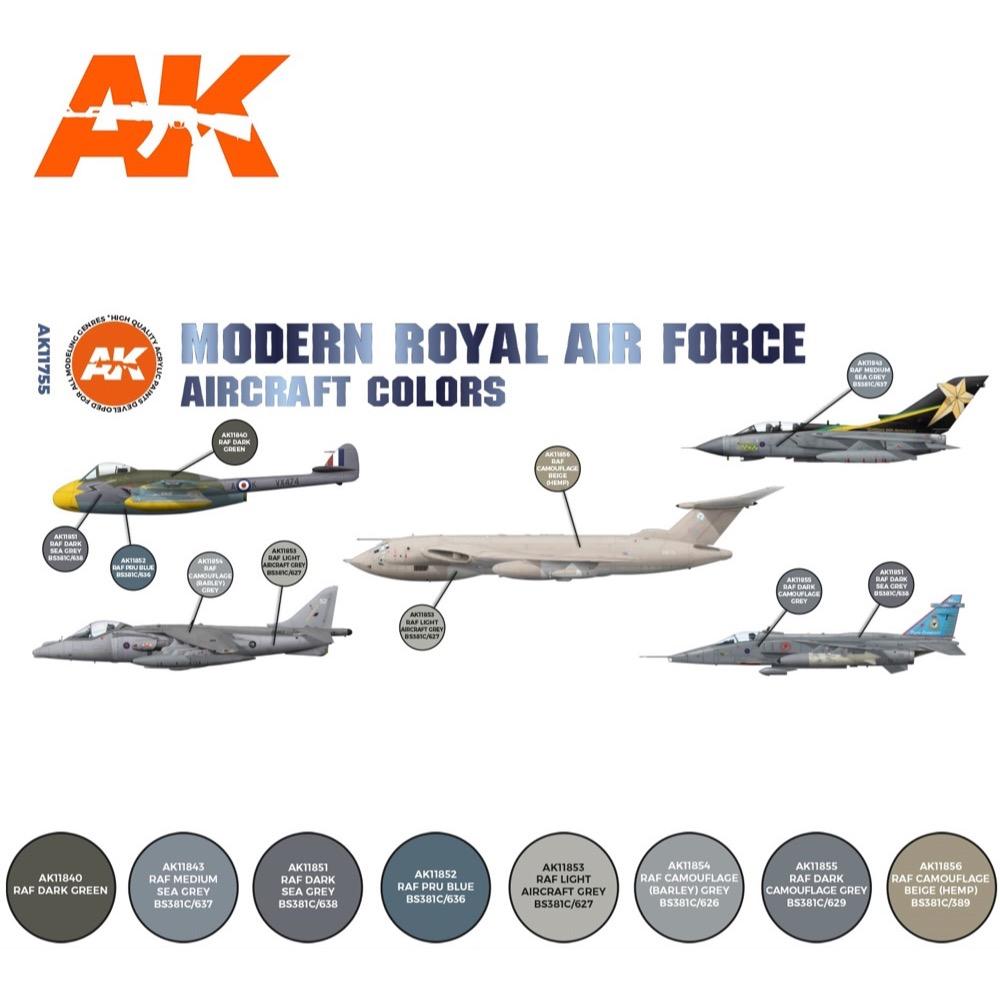 AK Interactive AK11755 Air Series Modern Royal Air Force Aircraft Colors Acrylic Paint Set (3rd Generation) - Perfect for Model Building, Aircraft Painting, and Military Scale Modeling