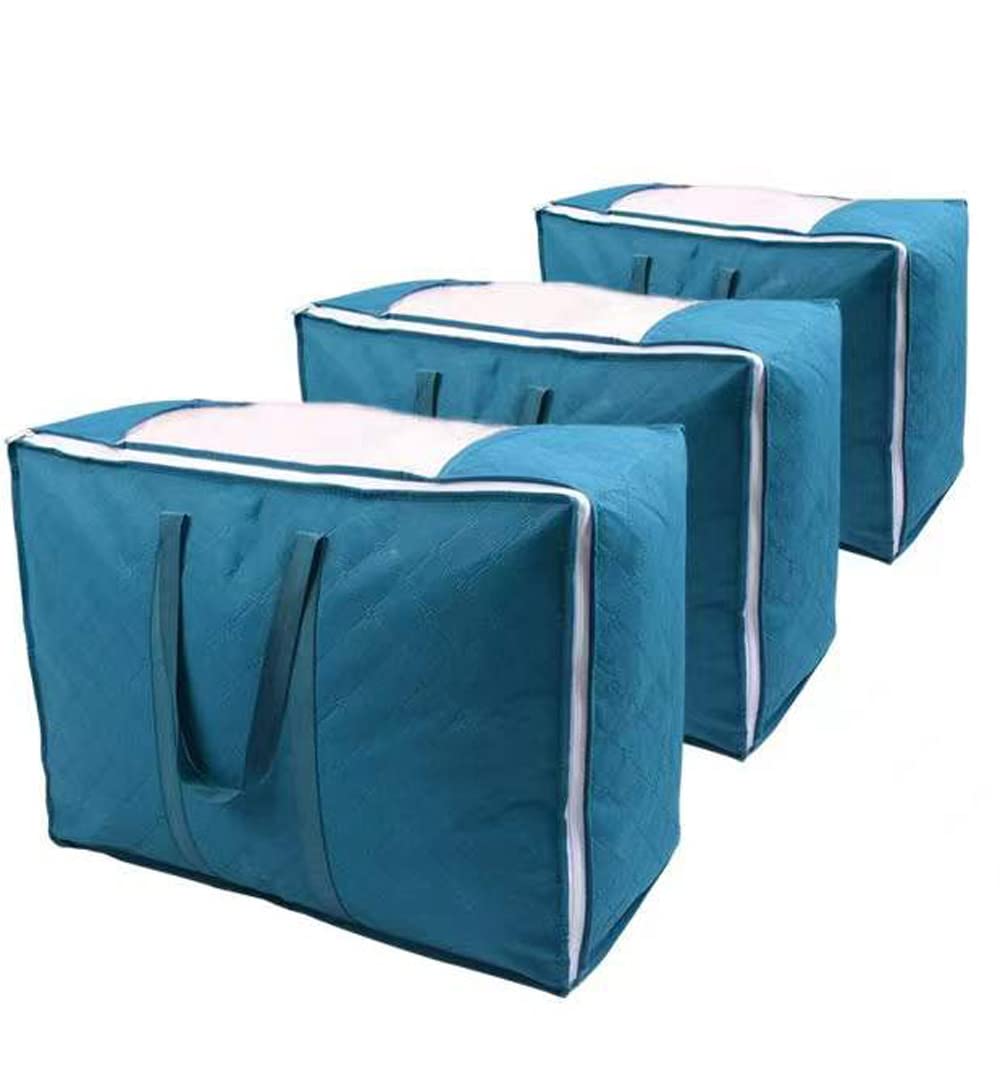 Stackable Fabric Storage Bins with Handles & Zipper Lids - 3-Pack 81L Blue Clothes Organizers for Blankets, Toys, Comforters | Perfect for Dorm Rooms, Under Bed Storage & Closet Organization
