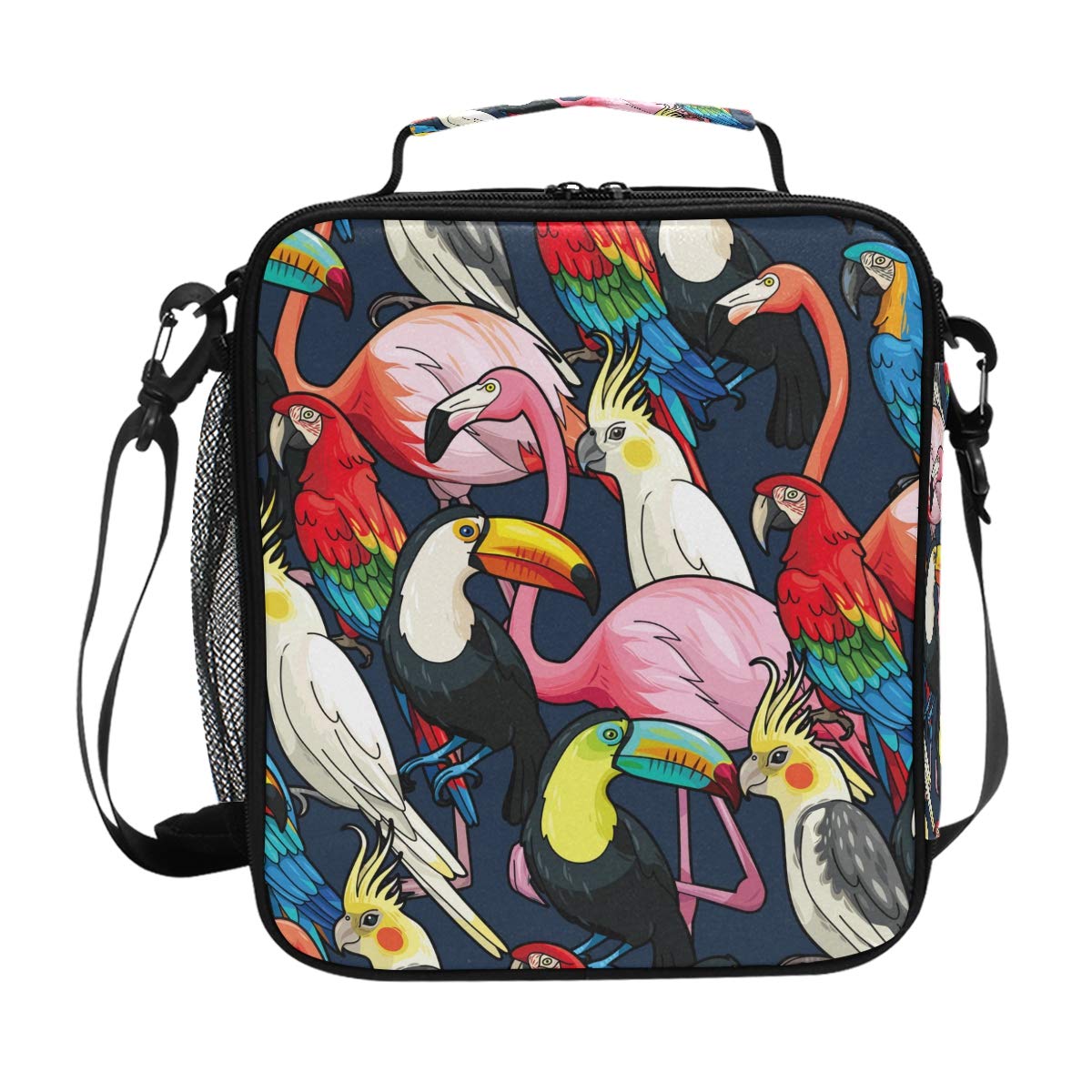 Insulated Reusable Lunch Box Cooler Bag with Tropical Flamingo & Parrot Design - Perfect for School, Work, Picnics & Beach Outings