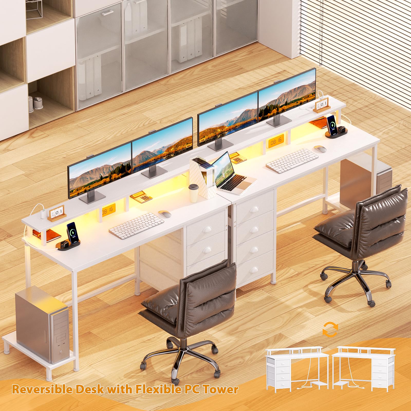 Furologee 47 Inch Computer Desk with 4 Fabric Drawers, Power Outlets & LED Lights - Gaming Desk, Home Office Desk with Monitor Stand & Shelf - Study Writing Desk for Bedroom (White) - Perfect for Small Spaces, Gaming Setups & Remote Work