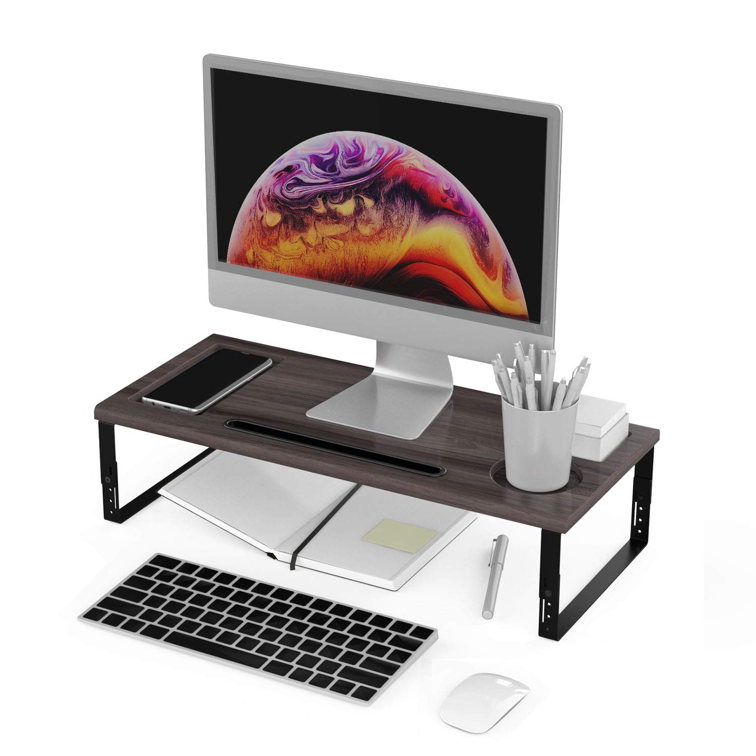 Adjustable Monitor Stand with Phone Holder & Organizer - Oak Desktop Riser for PC & Printer