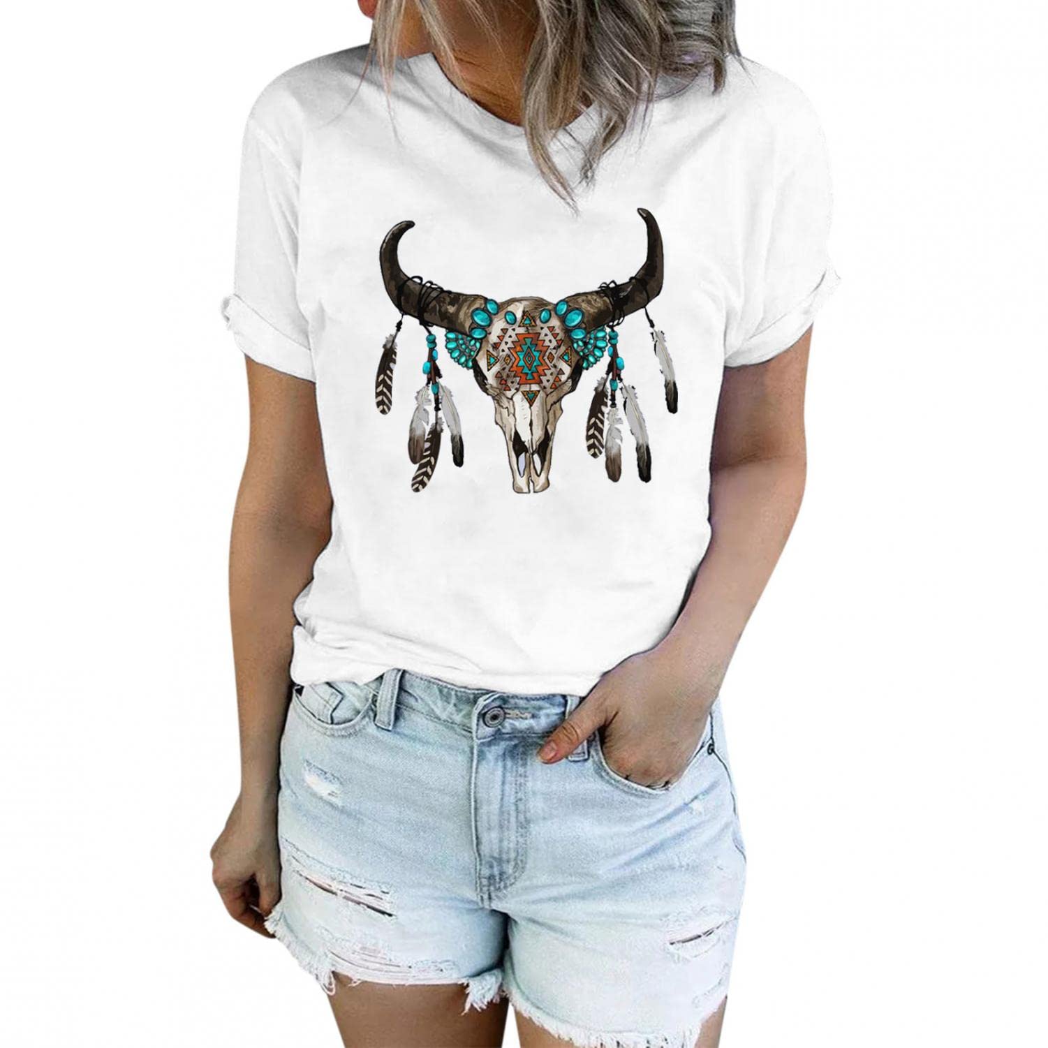 **Western Cowgirl Graphic Short Sleeve T-Shirt for Women – Loose Fit Casual Summer Top with Aztec Print – Perfect for Rodeo, Music Festivals & Boho Outfits**