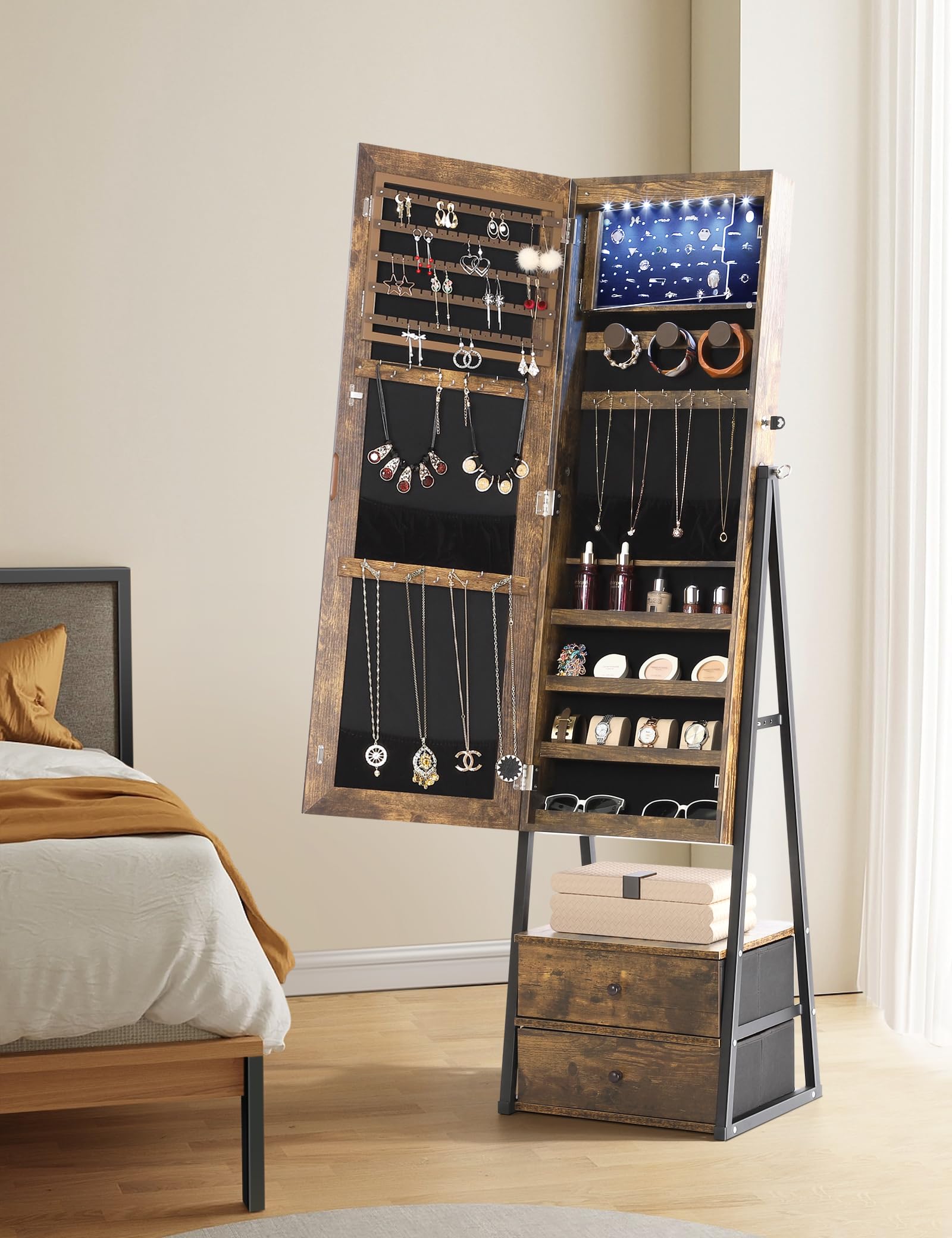Nicetree Jewelry Cabinet Armoire with 2 Drawers & Lockable Mirror - Full Length Standing Jewelry Storage Organizer in Rustic Brown | Perfect for Bedroom, Dressing Room & Closet Organization