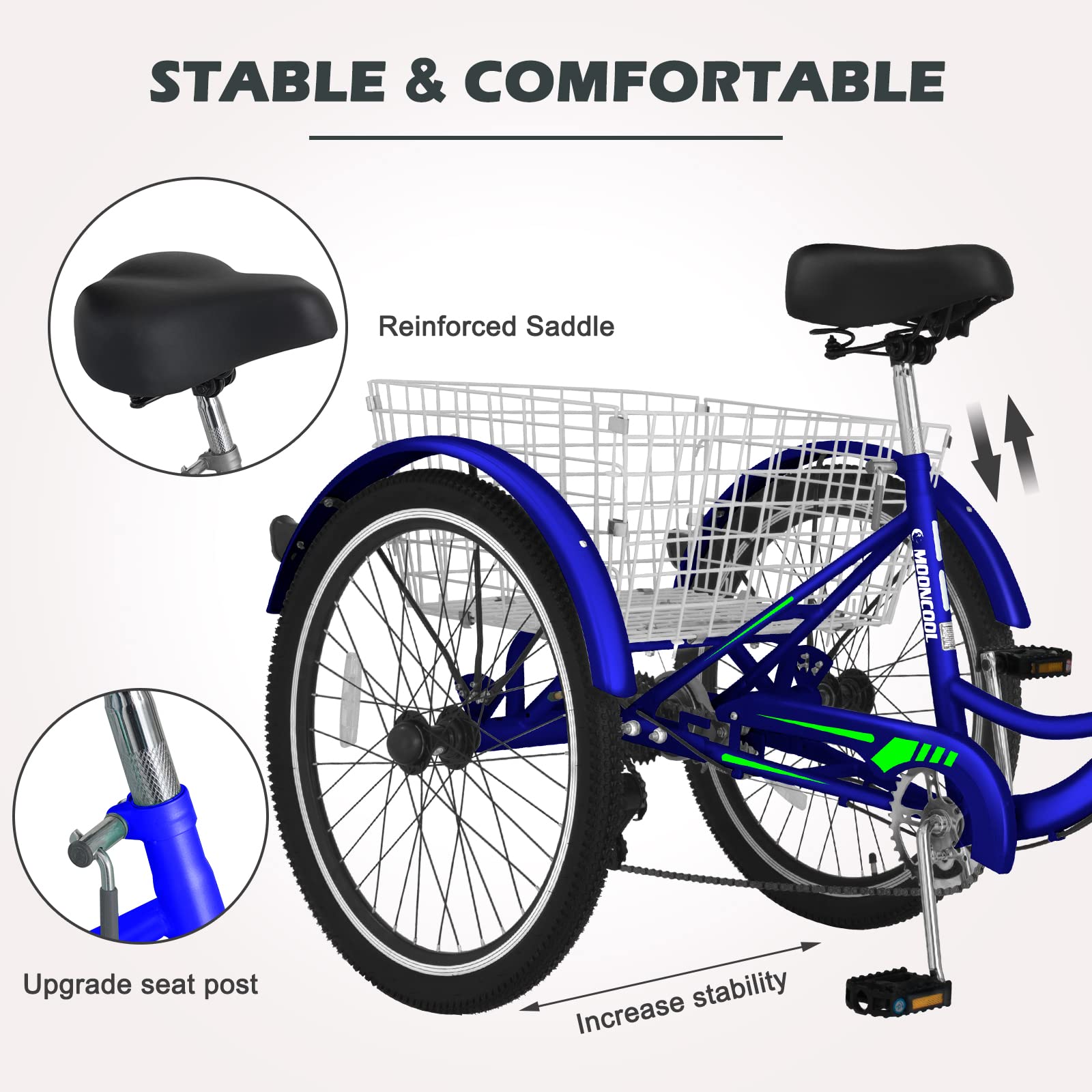 Adult Tricycle Bike - 3 Wheel Cruiser with Large Basket, 7-Speed Derailleur & Parking Brake - Includes Maintenance Tools - Perfect for Commuting, Shopping & Senior Riders