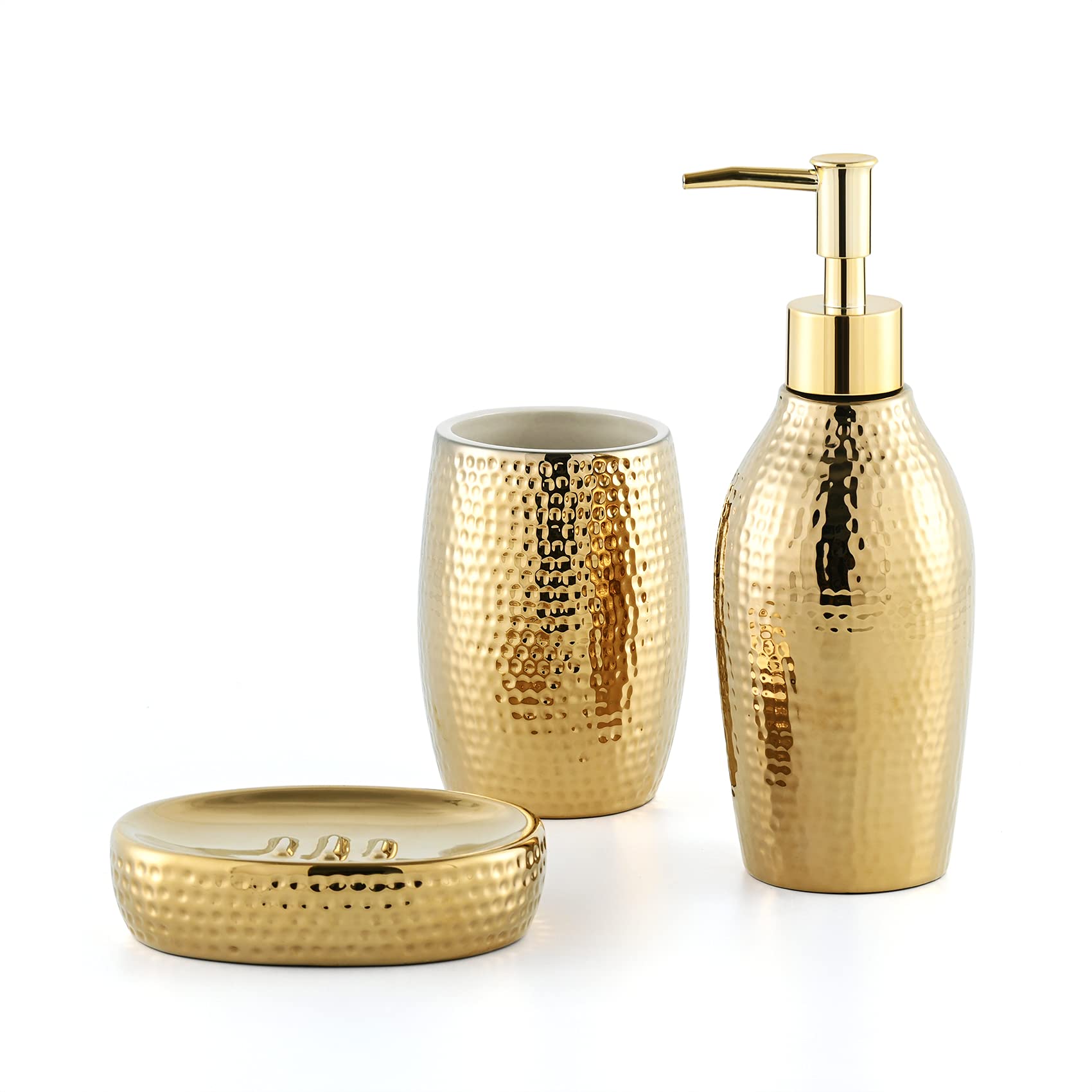 Luxury Gold Bathroom Accessory Set - 3 Piece Ceramic Soap Dispenser, Toothbrush Holder & Soap Dish | Elegant Home Decor Gift for Housewarming, Wedding & Bathroom Upgrade | Water-Resistant & Stylish Vanity Organizer for Modern Bathrooms