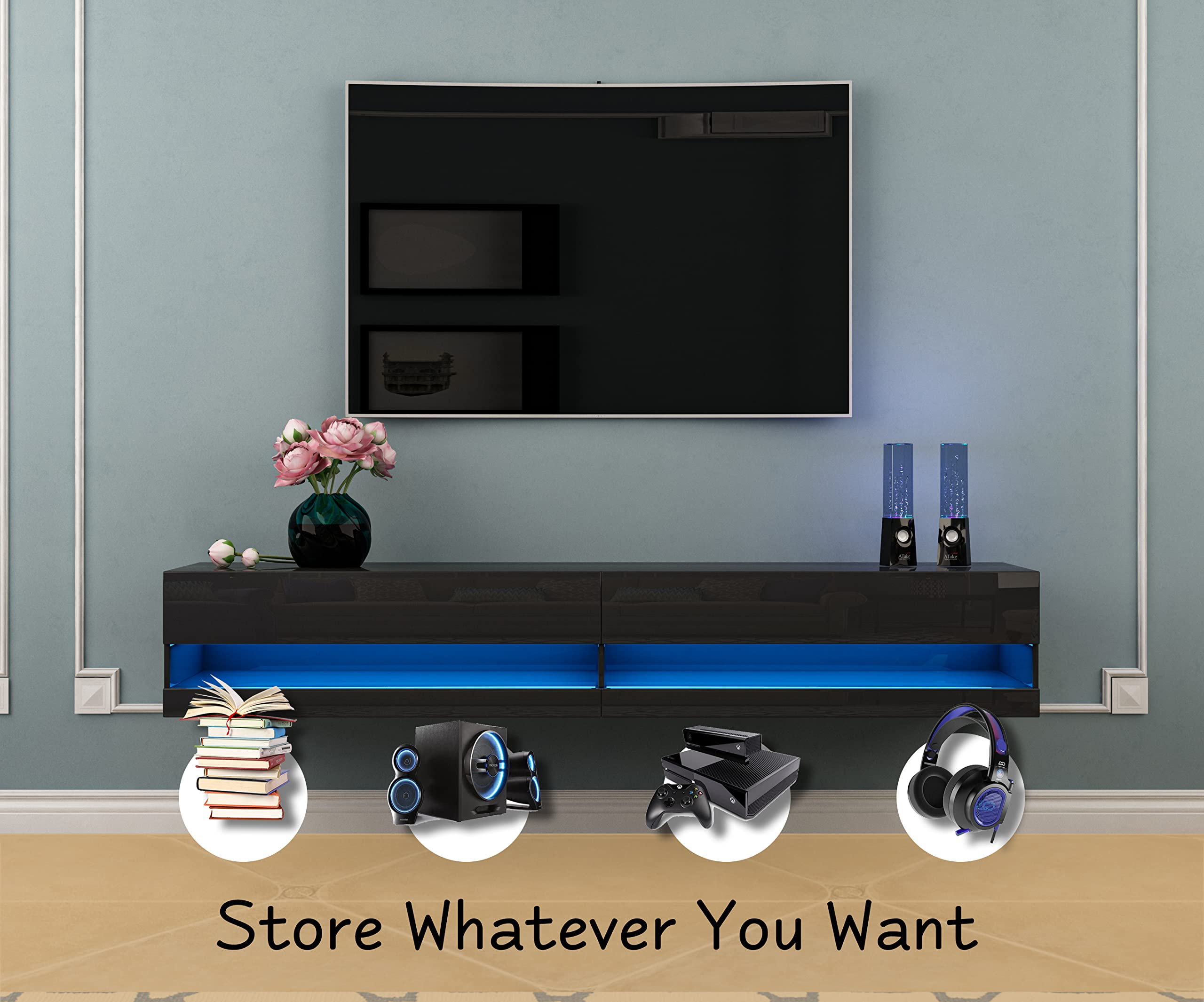 Floating LED TV Stand for 65-80 Inch TVs - Modern High Gloss Wall Mounted Entertainment Center with LED Lights - Black | Perfect for Living Room, Bedroom & Home Theater Setup