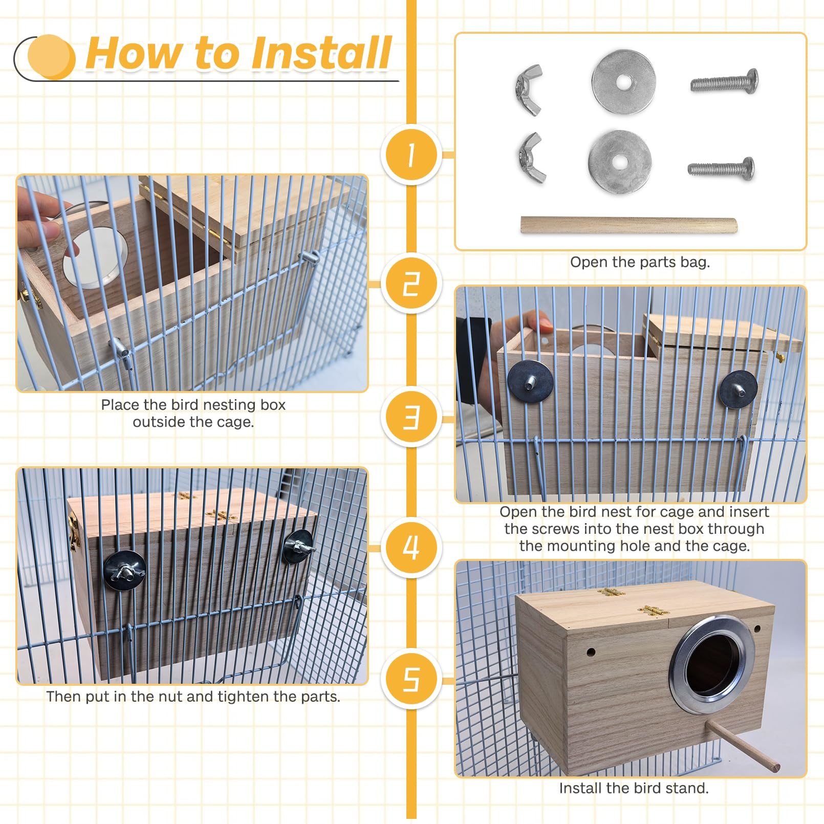 Premium Wooden Parakeet Nesting Box - Bird House for Cage, Mating & Breeding Box for Lovebirds, Cockatoo, Budgie, Finch, Canary - Small & Medium Birds (9.8