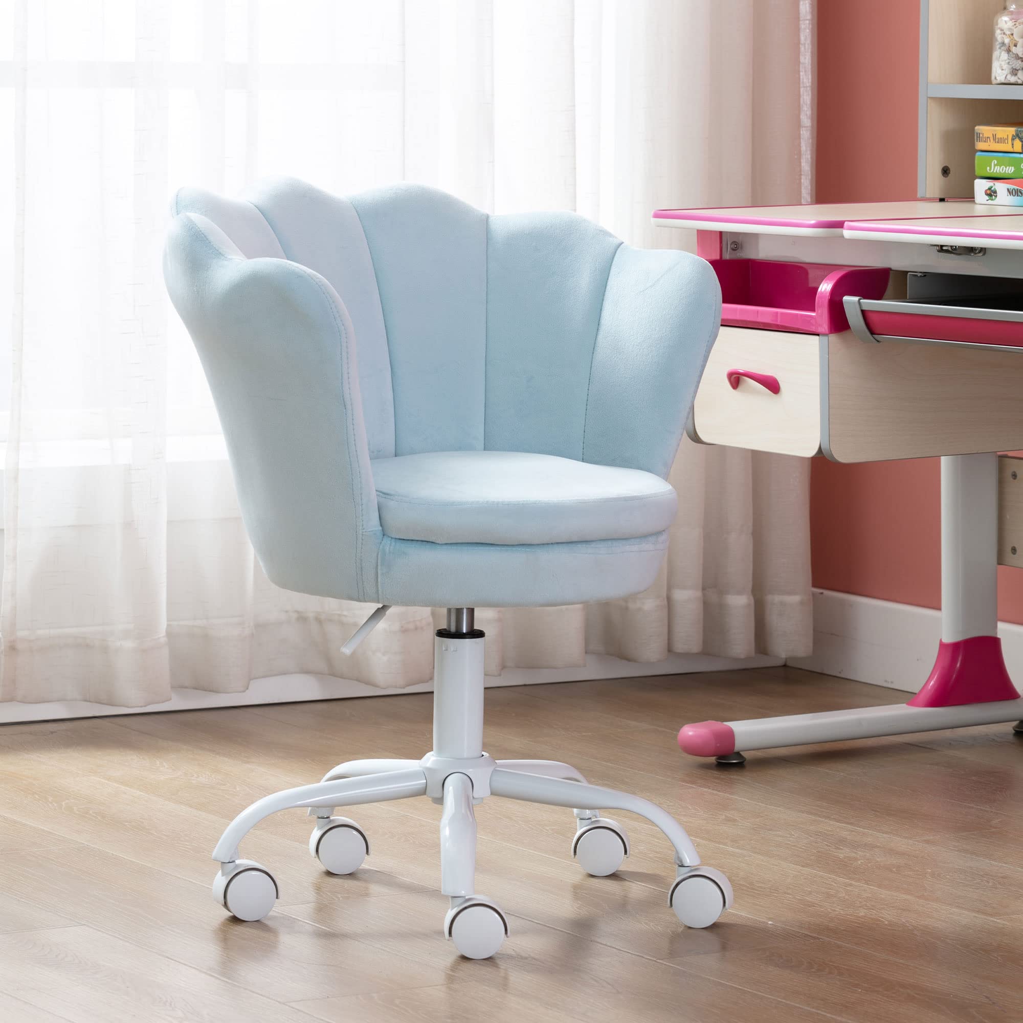 Velvet Kids Desk Chair - Adjustable Swivel Rolling Computer Chair for Girls, Modern Upholstered Armchair with Ergonomic Support for Bedroom, Study Room & Home Office (Blue) - Perfect for Homework, Gaming & Reading