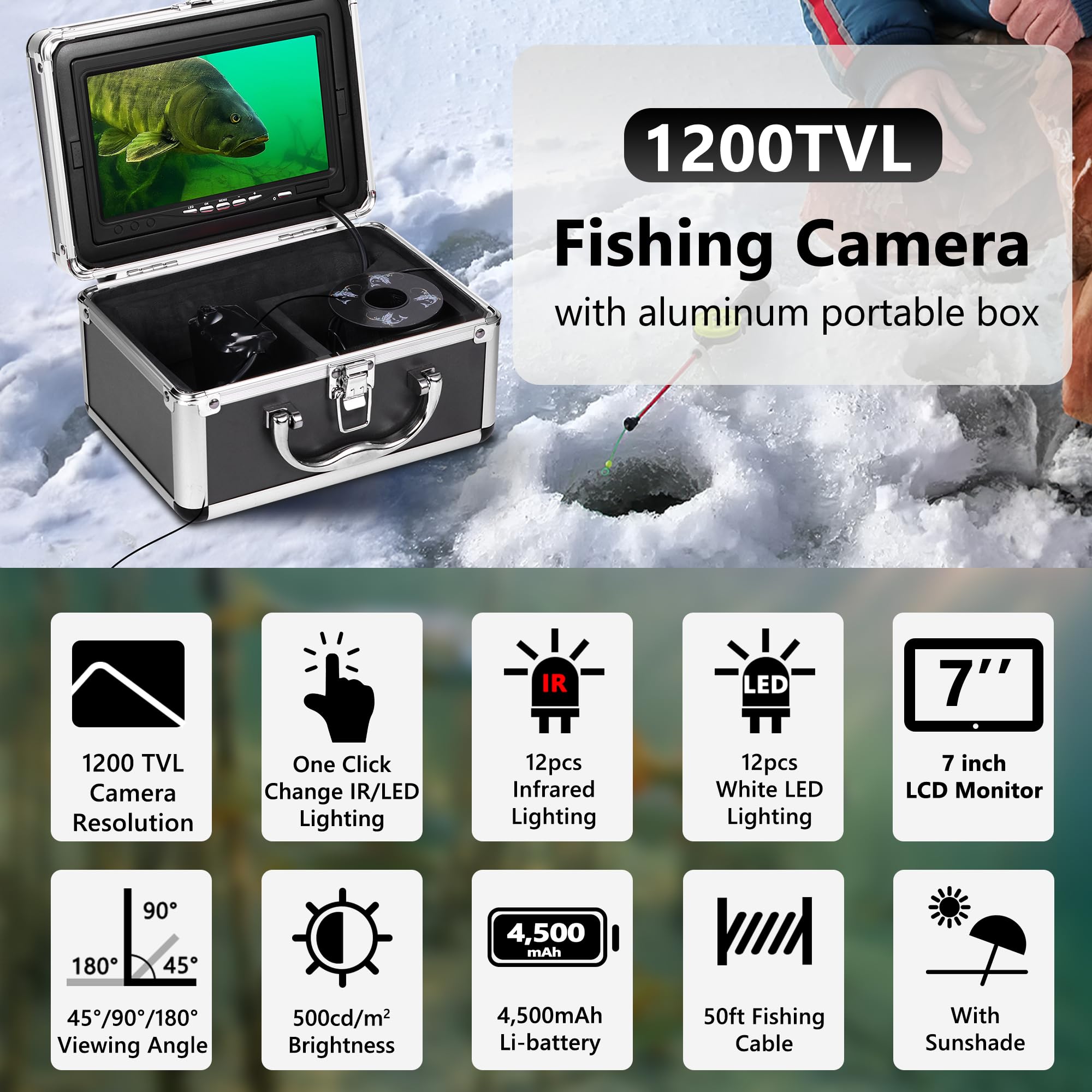 Underwater Fishing Camera with 12pcs IR & 12pcs LED Lights, 1200TVL HD, 7'' LCD Screen - 4,500mAh Li-Battery, 50ft Cable - Ice Fishing Camera & Fish Finder for Men - Perfect for Ice, Lake & Boat Fishing Adventures