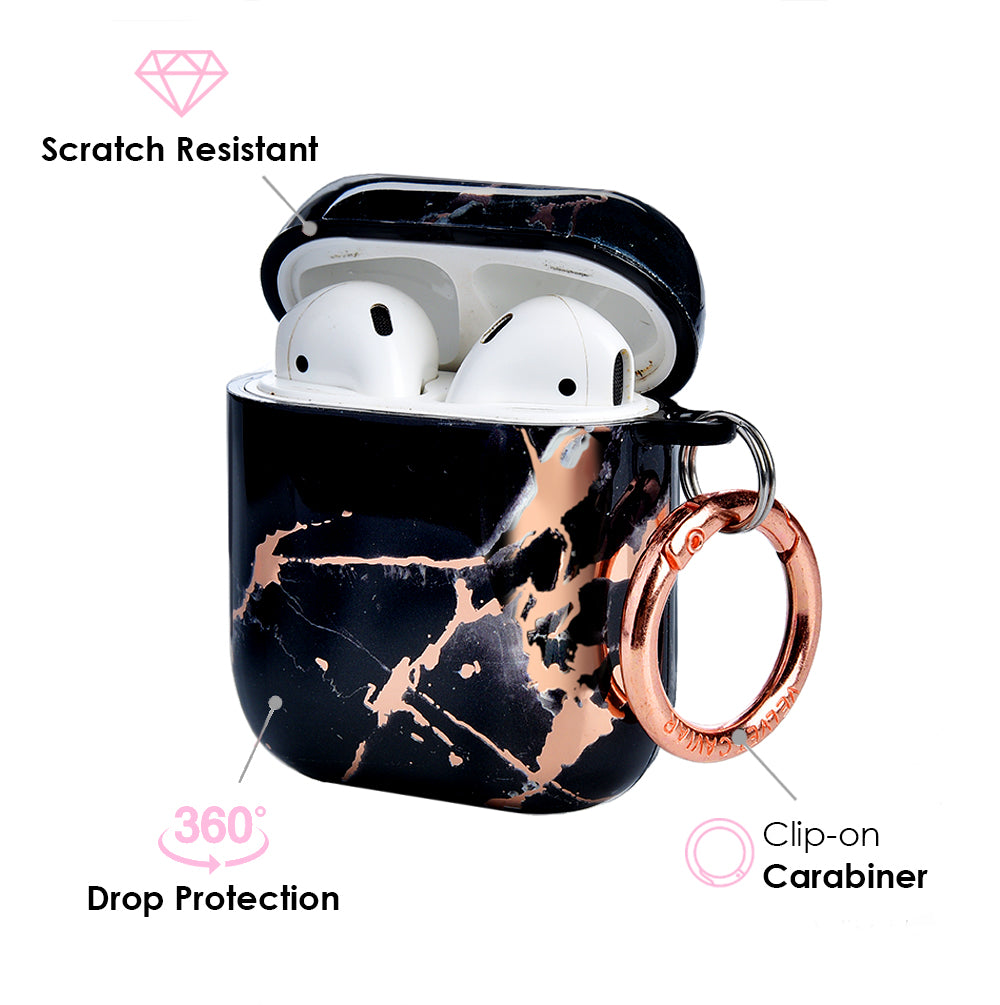 Stylish Black Marble Rose Gold AirPods Case - Premium Protective Cover for AirPods 1/2/3 with Chrome Finish - Perfect for Work, Travel & Everyday Use