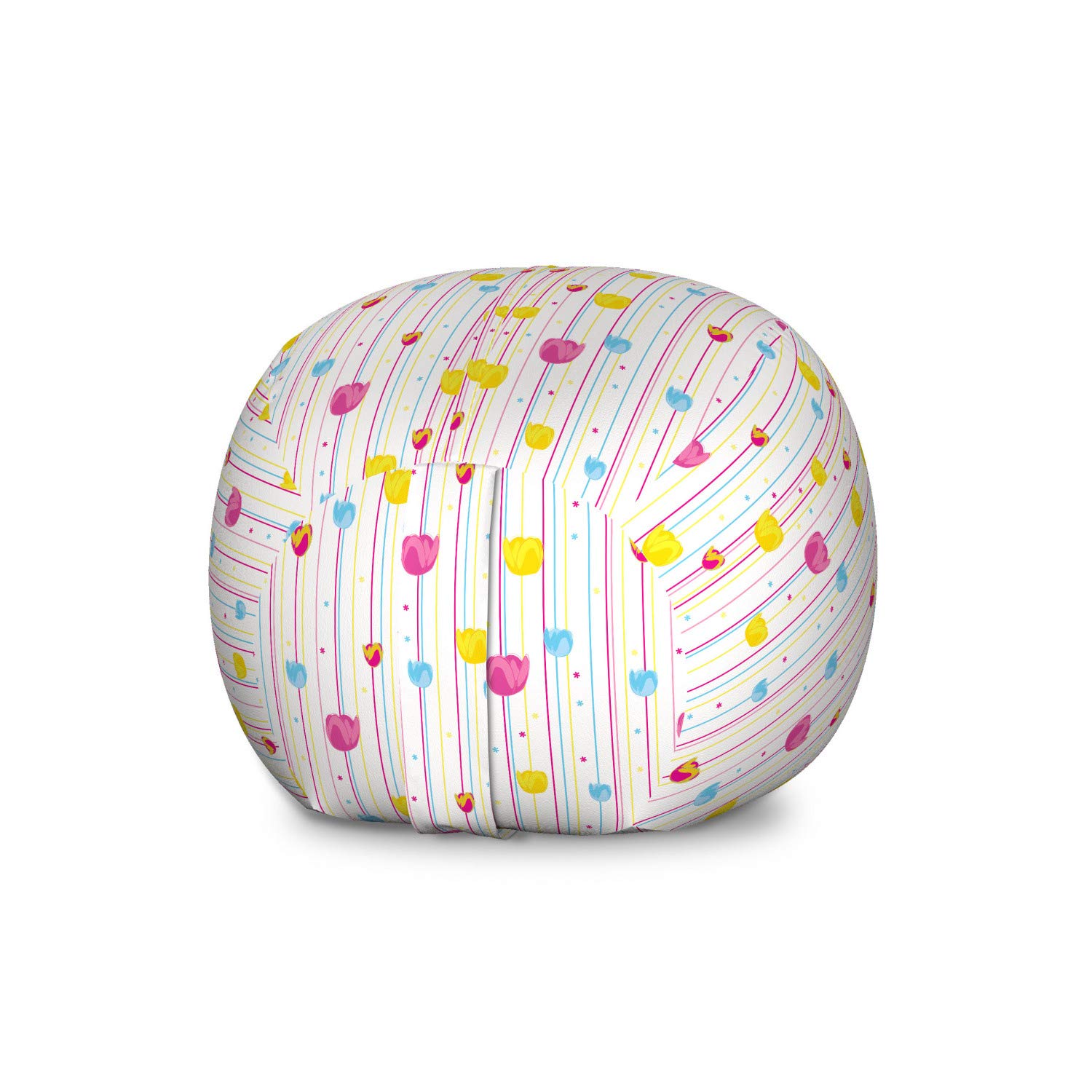 **Ambesonne Striped Toy Storage Bag Chair - Large Washable Organizer for Stuffed Animals, Yellow & Blue with Floral Tulip Design - Perfect for Kids' Room, Nursery, or Playroom Decor**