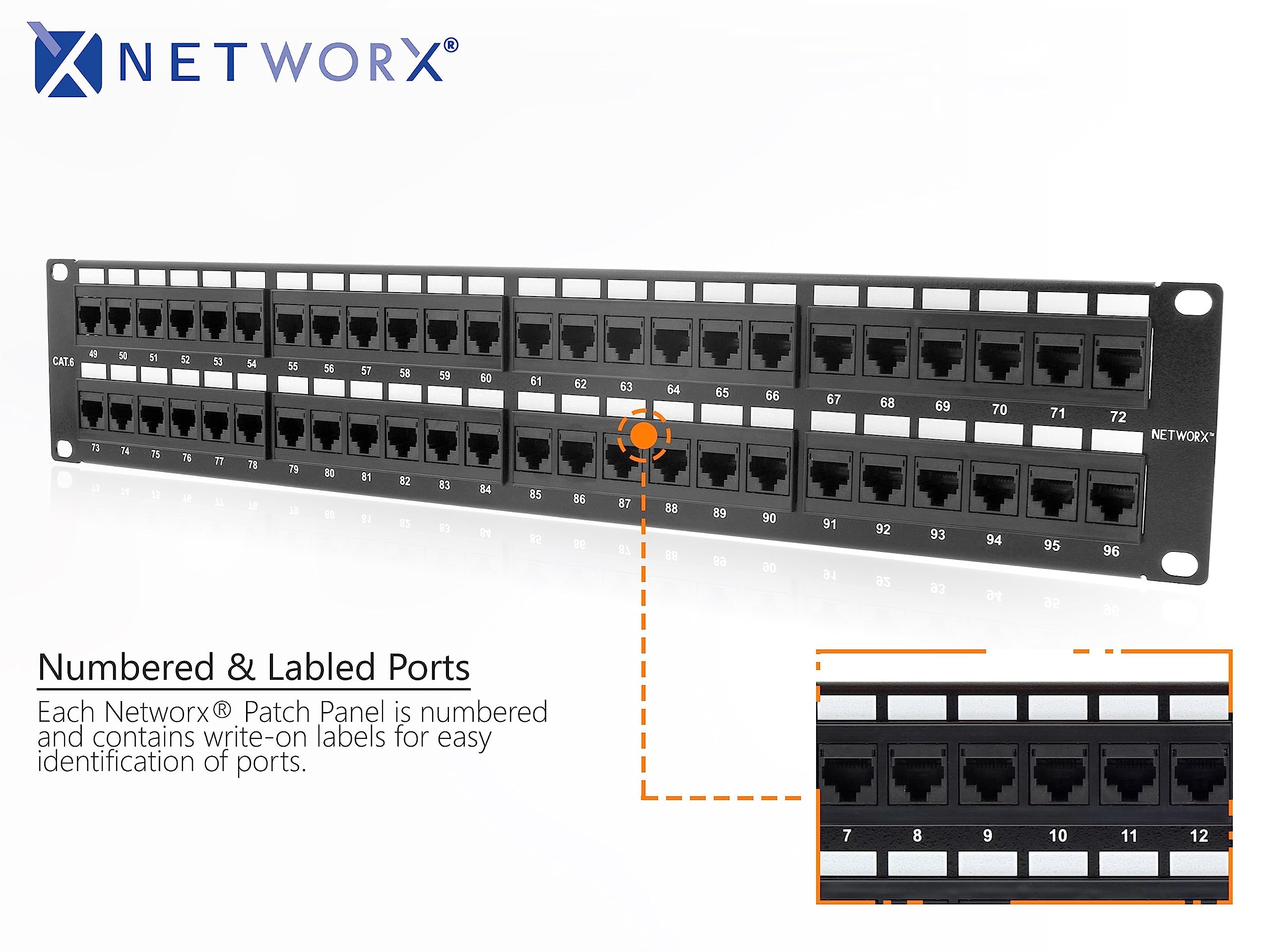 Networx 2U 48 Port Cat6 Patch Panel - 19-Inch Rack Mount RJ45 Ethernet Patch Panel for Gigabit & 10G Network Switch - Ideal for Data Centers, Server Rooms & Office Network Installations