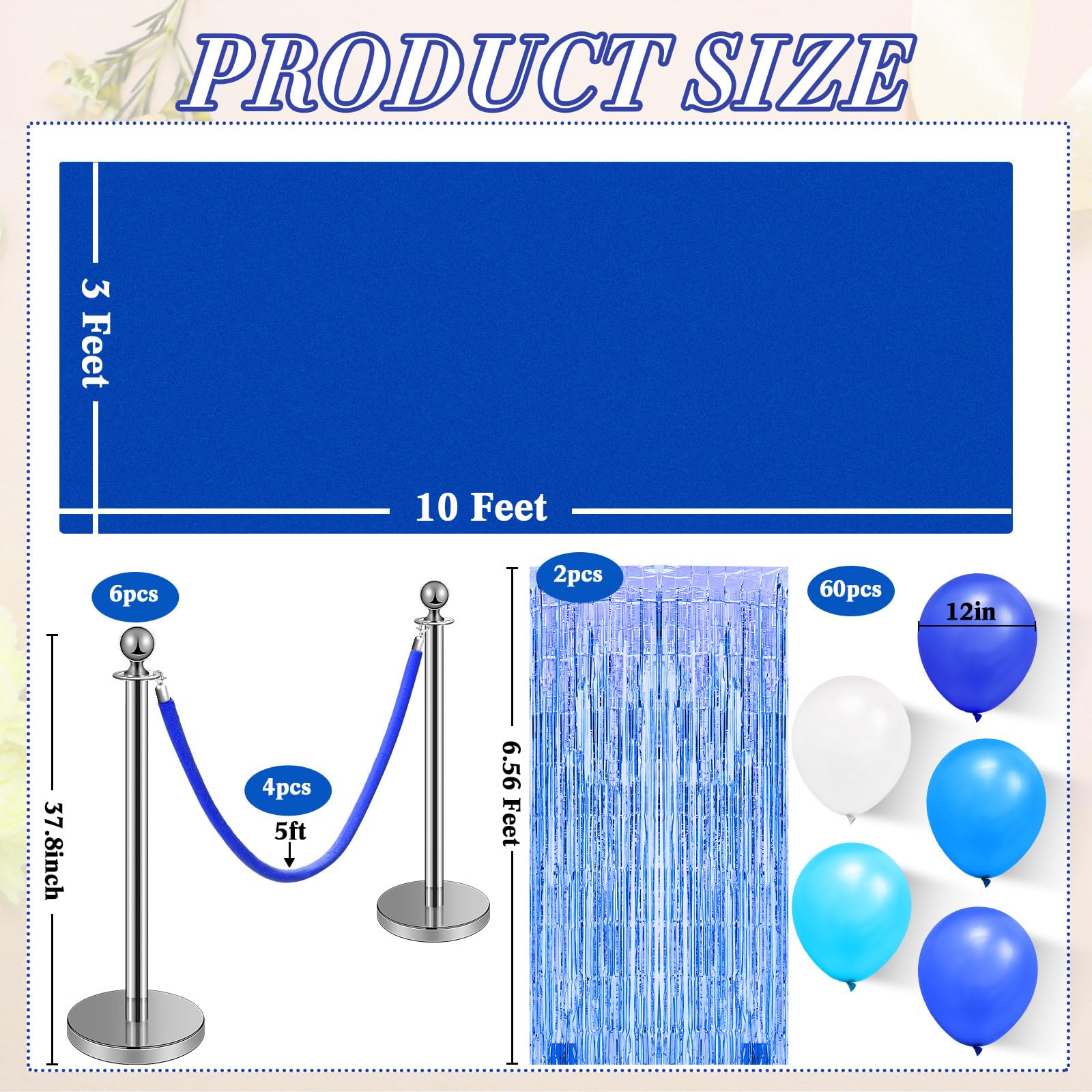 76 Pcs Blue Carpet Runner Party Set with Floor Runner, Double-Sided Tape, Stanchion Posts, Velvet Ropes & Balloons - Wedding, Red Carpet Event, Birthday Party Decorations