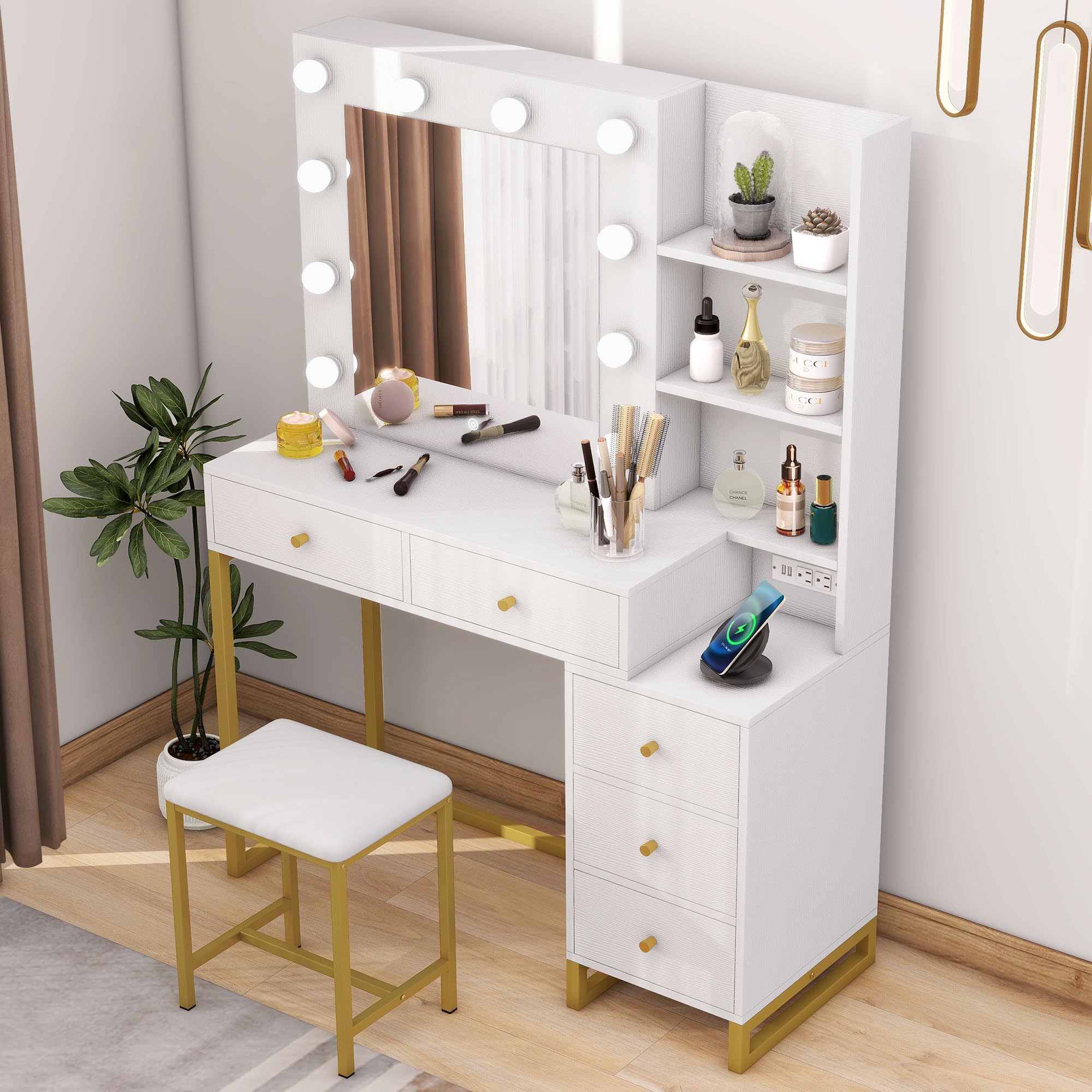 DWVO White Vanity Desk with LED Lighted Mirror - 3 Color Lighting, 5 Drawers & Hidden Jewelry Storage - Makeup Dressing Table Set with Power Outlet & Cushion Stool - Perfect for Bedroom, Bathroom & Home Beauty Salon