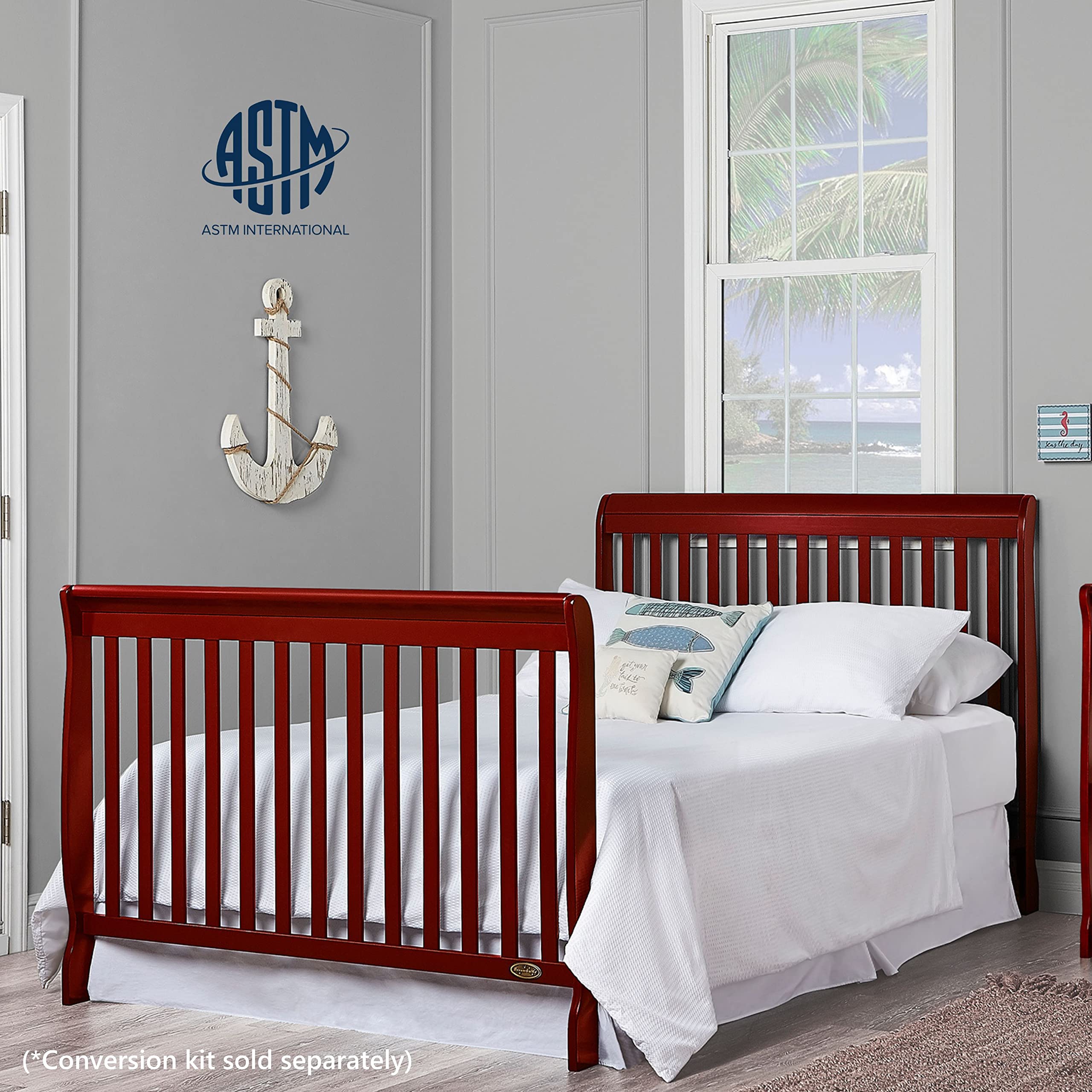 Dream On Me Ashton 4-in-1 Convertible Crib in Cherry Finish - GREENGUARD Gold & JPMA Certified | Non-Toxic Solid Pinewood Baby Crib with 4 Adjustable Mattress Heights | Perfect for Nursery, Bedroom & Daycare Use