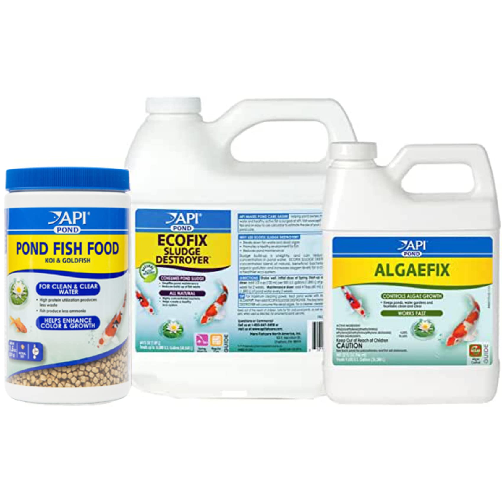 API POND HEALTHY FISH POND BUNDLE – API POND ALGAEFIX Algae Control, API ECOFIX SLUDGE DESTROYER Pond Water Clarifier & Sludge Remover, API POND FISH FOOD – Complete Pond Maintenance Kit for Koi, Goldfish & Outdoor Water Gardens