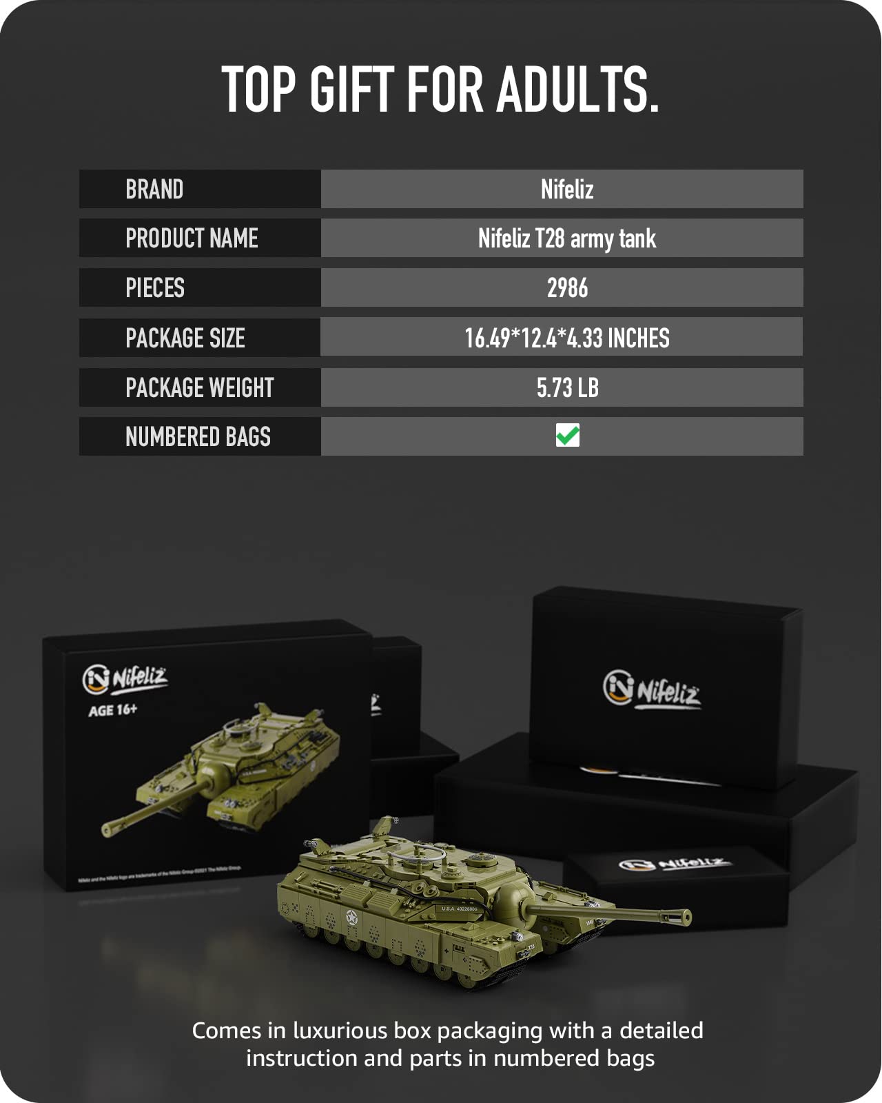 Nifeliz T28 Super Heavy Tank Model Building Kit for Adults - 2,986 Piece Collectible Military Display Set, WW2 Army Tank Replica - Perfect for Model Enthusiasts, History Buffs & Office Decor