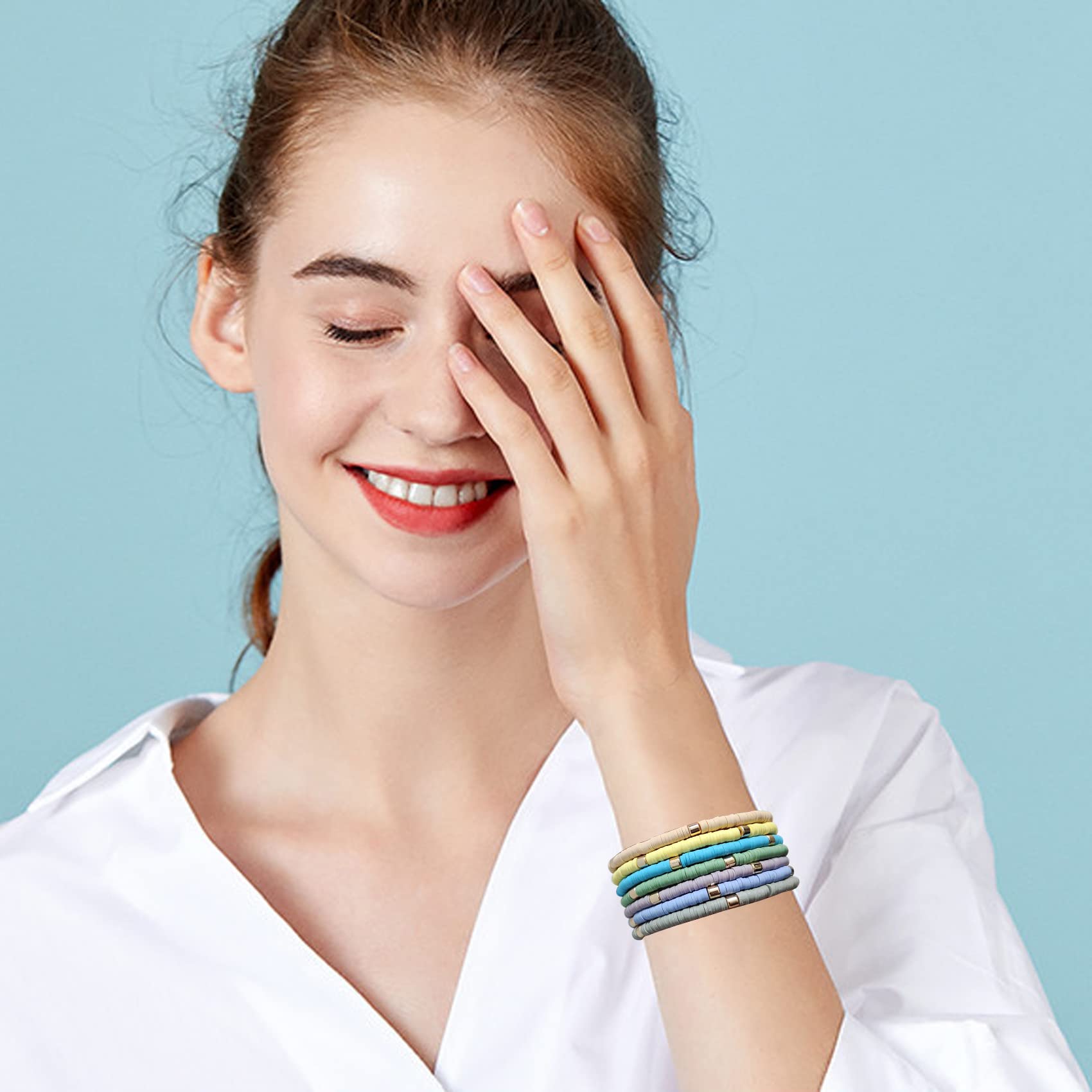 GOOJIDS Surfer Heishi Clay Bead Bracelets for Women - Bohemian Stackable Gold Beaded Stretch Bracelets Set, Elastic Layering Friendship Jewelry - Perfect for Beach Vacations, Music Festivals & Boho Fashion Accessories