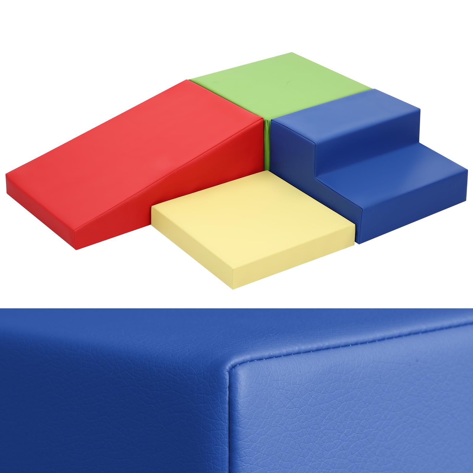 4-Piece Soft PU Leather Baby Foam Climbing Blocks Set for Toddlers - Non-Toxic Play Gym Toys for Crawling, Sliding & Learning - Indoor Activity Blocks (Red, Yellow, Blue) for Nursery, Playroom & Daycare