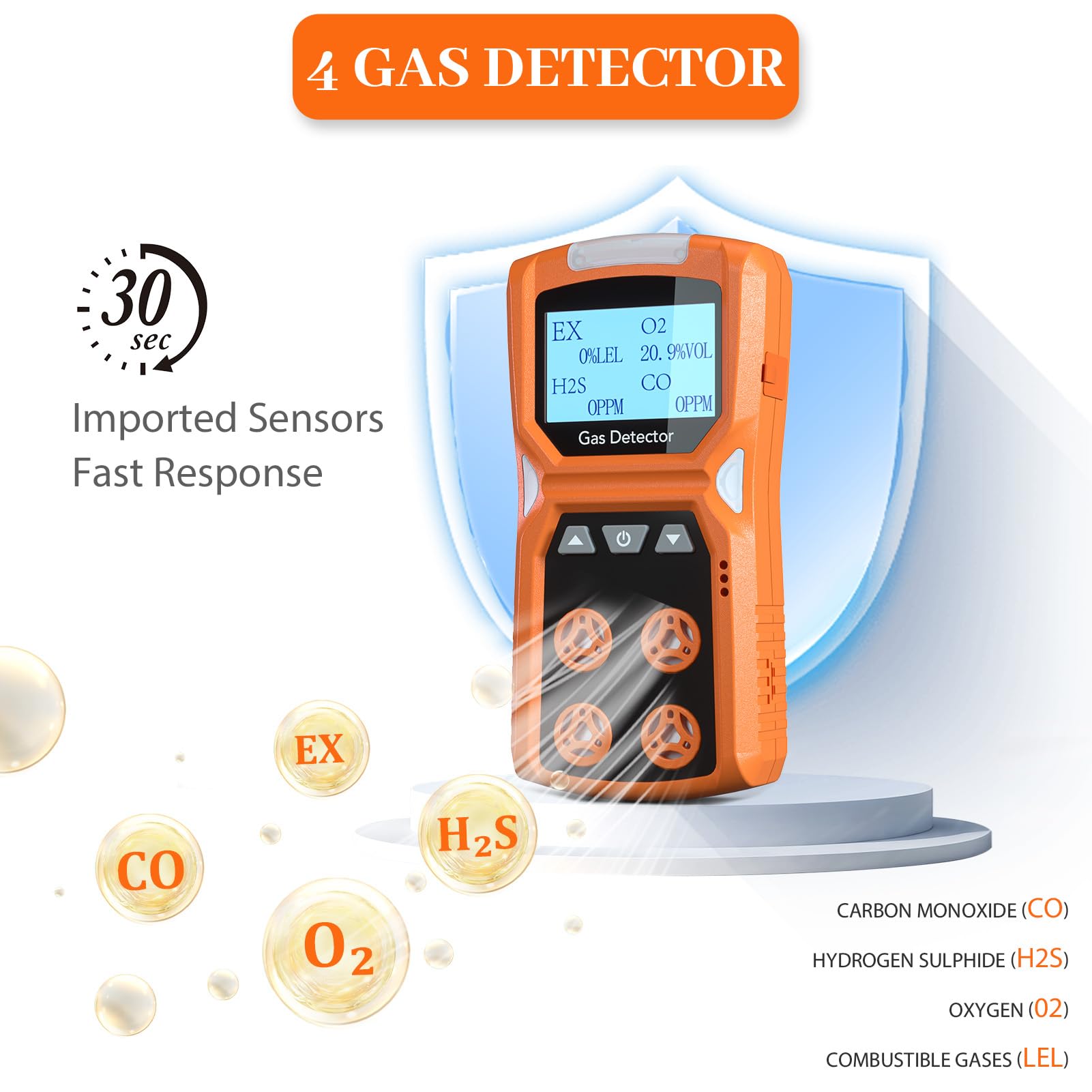 4-in-1 Portable Gas Detector for CO, H2S, O2 & LEL Monitoring with Vibration, Visual & Audible Alarms | 18-Hour Rechargeable Battery | Home, Workplace & Industrial Safety Device for Confined Spaces, Construction Sites & Oil Rig Safety