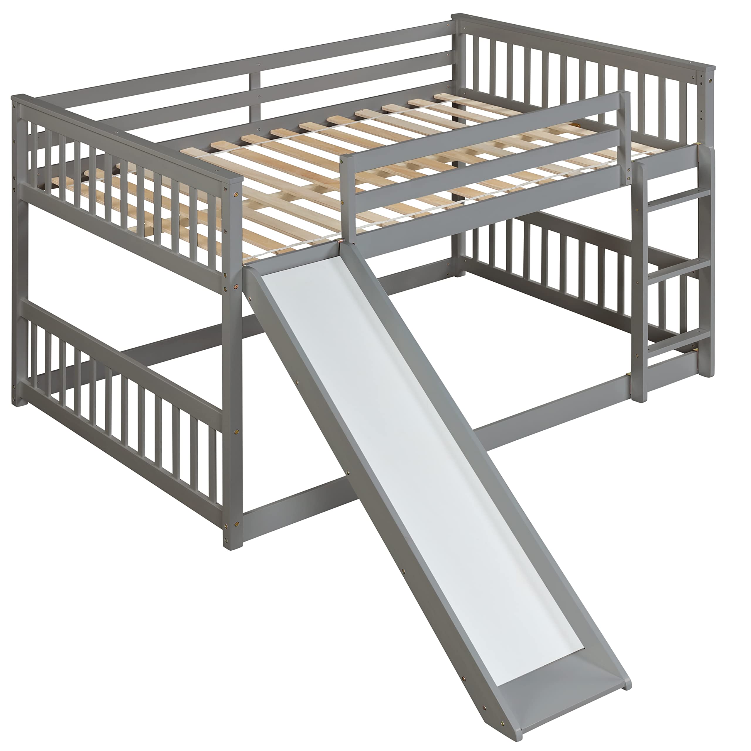 SOFTSEA Full Over Full Bunk Bed with Slide & Ladder - Low Profile Kids Bunk Bed with Safety Guardrails - Solid Wood Frame Twin Bunk Bed in Gray - Perfect for Small Bedrooms, Kids' Rooms & Sleepovers