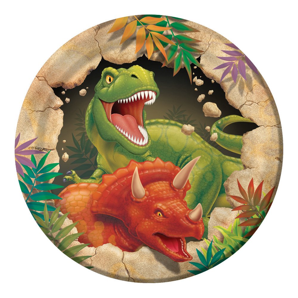 Creative Converting Dinosaur Round Paper Dessert Plates - 8 Inch Dino Blast Themed Party Plates for Kids Birthday, Baby Shower & Jurassic Theme Events - Durable Disposable Tableware for Cake, Snacks & Desserts